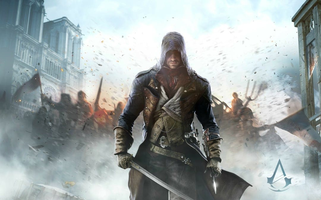 Arno Dorian from Assassin's Creed Unity holding a sword in front of Notre-Dame during the French Revolution.