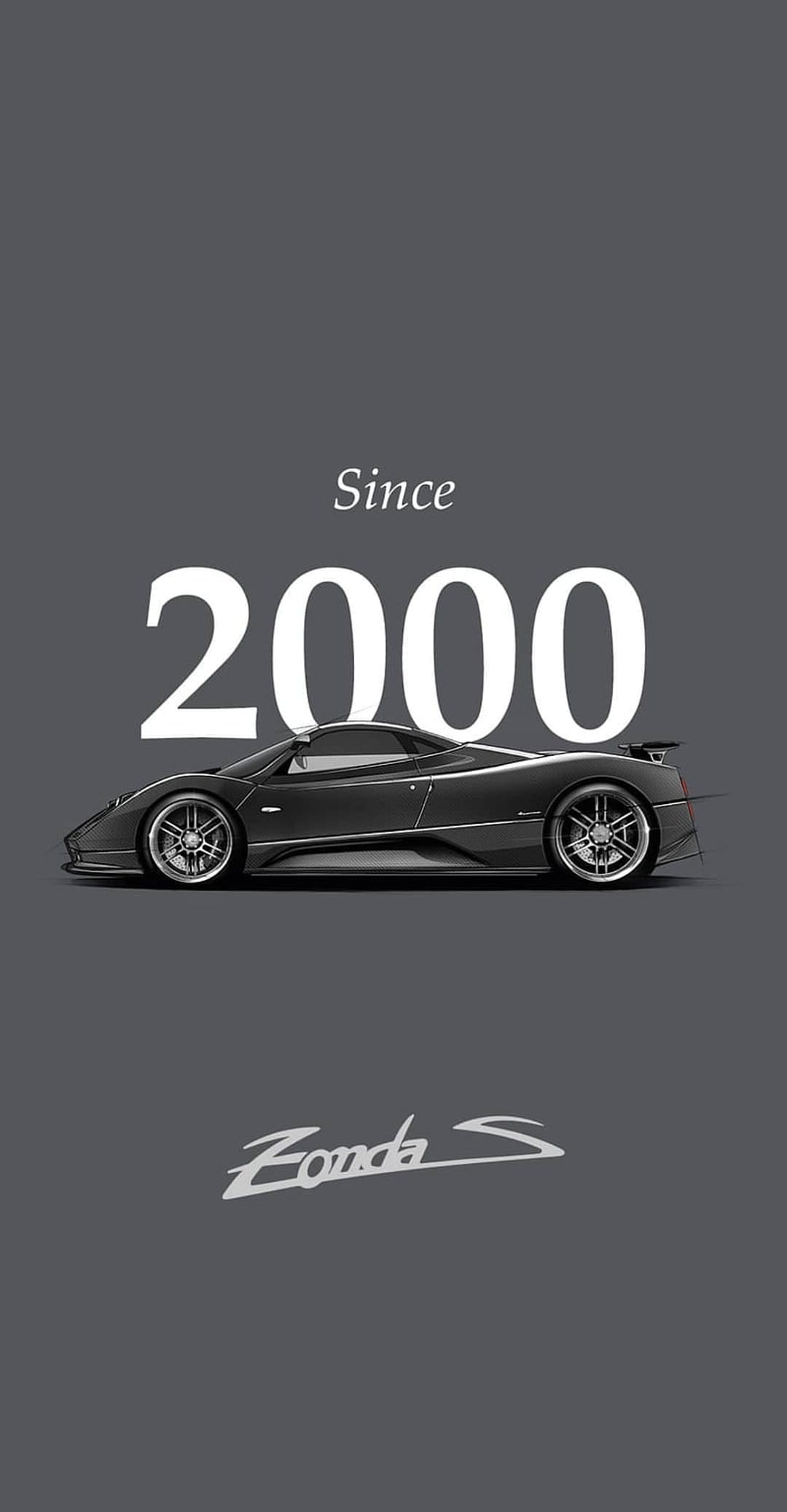 Pagani Zonda S supercar silhouette with Since 2000 text on a minimalist background for mobile displays.