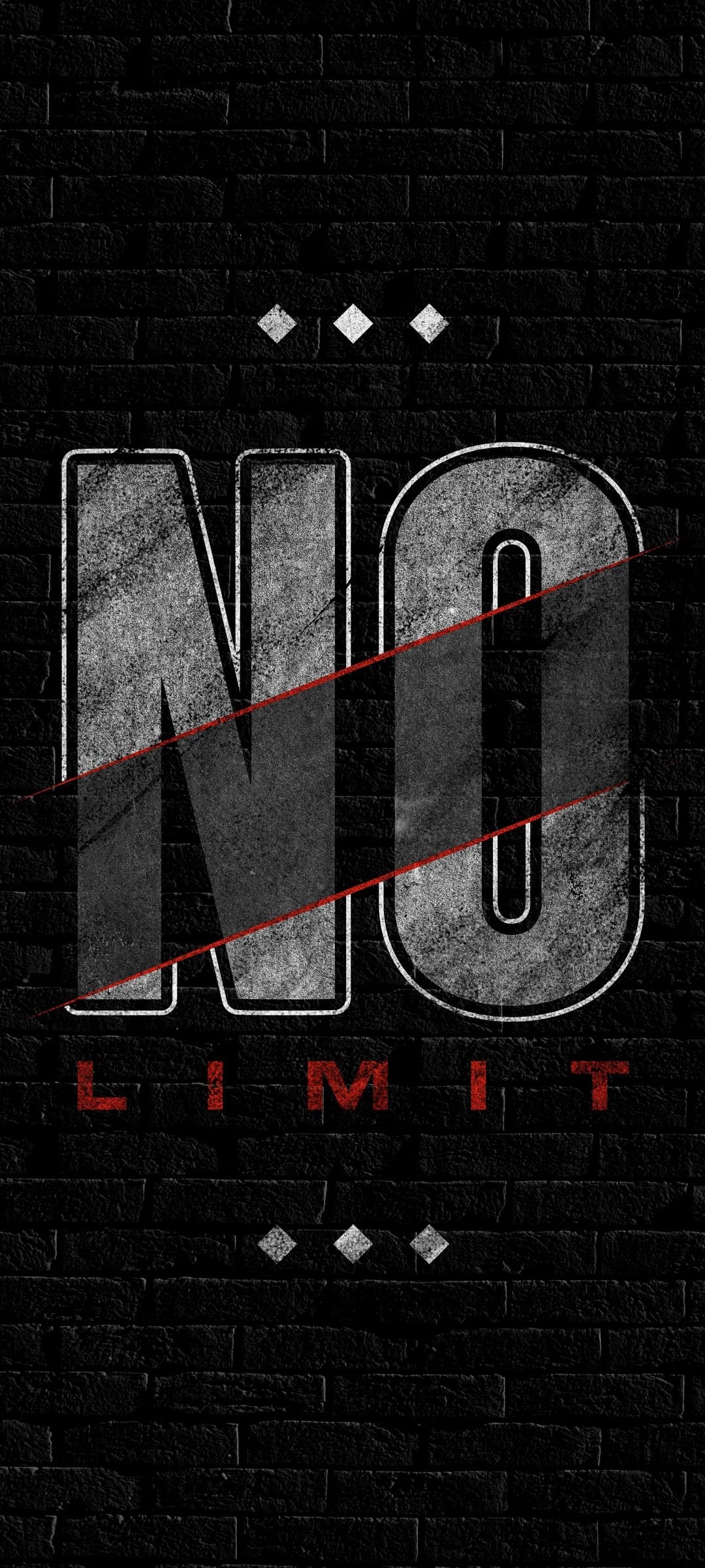 No Limit text in distressed grey with a red diagonal line across a textured black brick wall background.