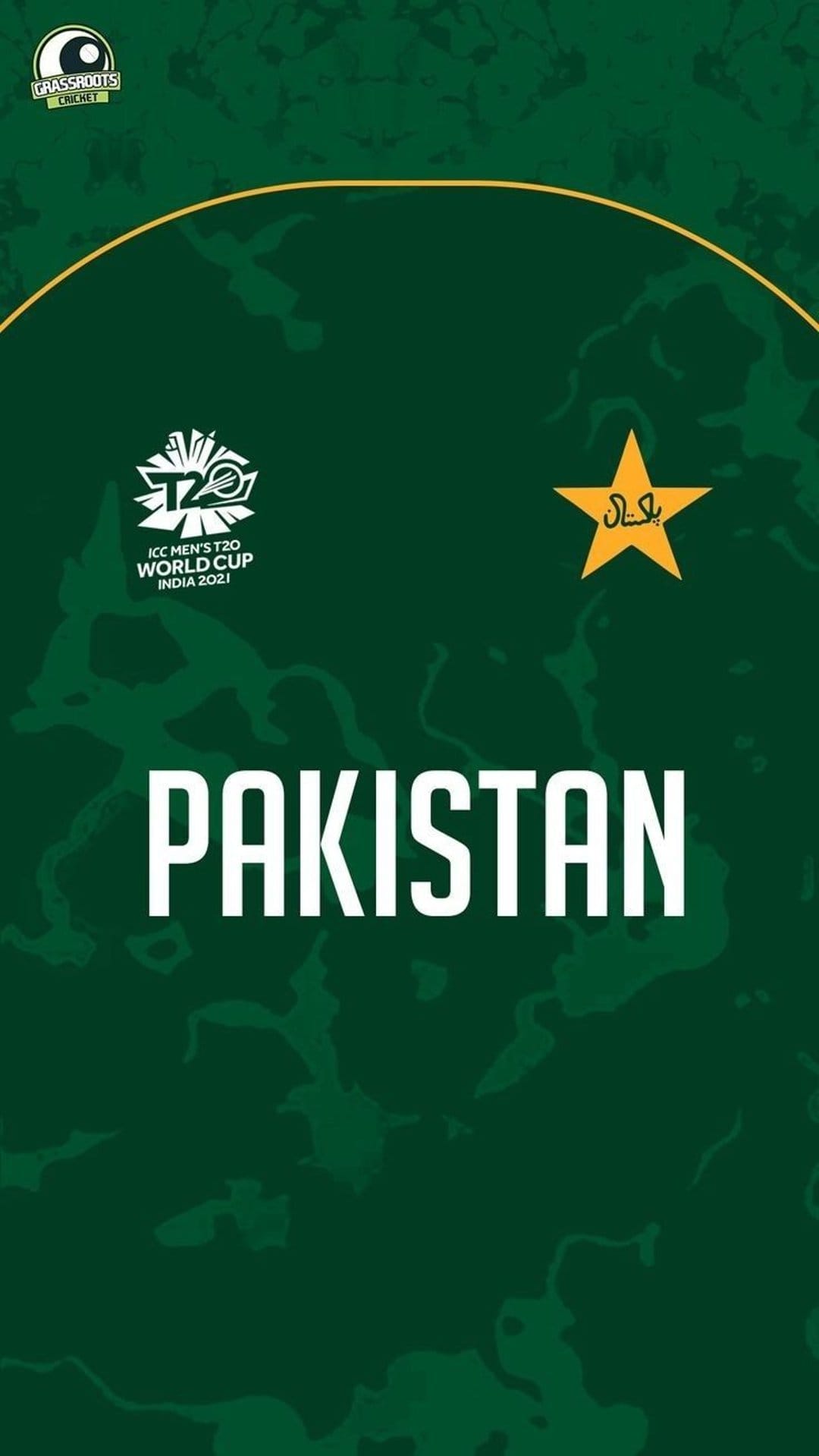Pakistan text and crescent moon star emblem centered on a dark green textured sports tournament background.