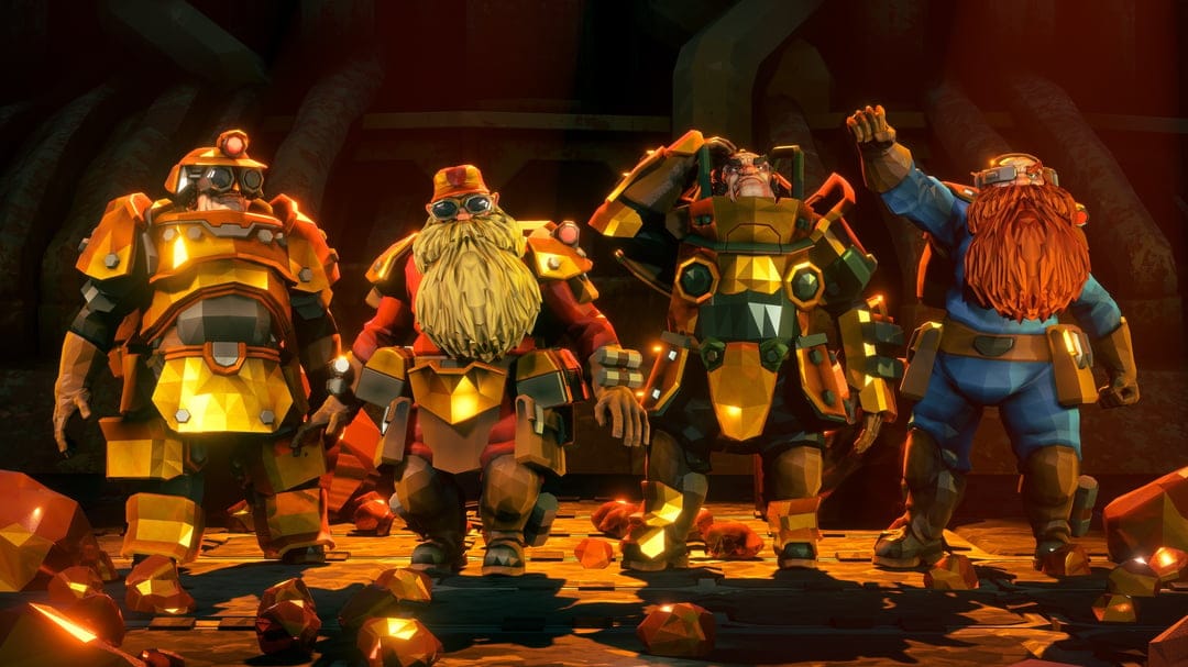 Four armored dwarves with mining gear standing in a dark cave illuminated by glowing yellow minerals.