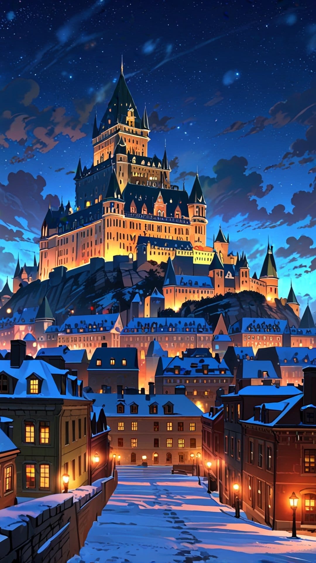 Majestic stone castle on a snowy cliff overlooks a glowing village under a starry twilight sky.