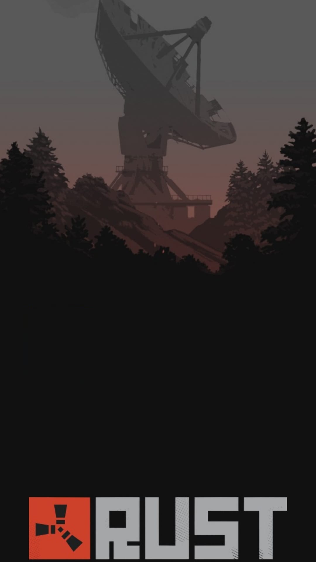 Satellite dish silhouette and dark forest line sit above the Rust game logo against a hazy reddish sky.