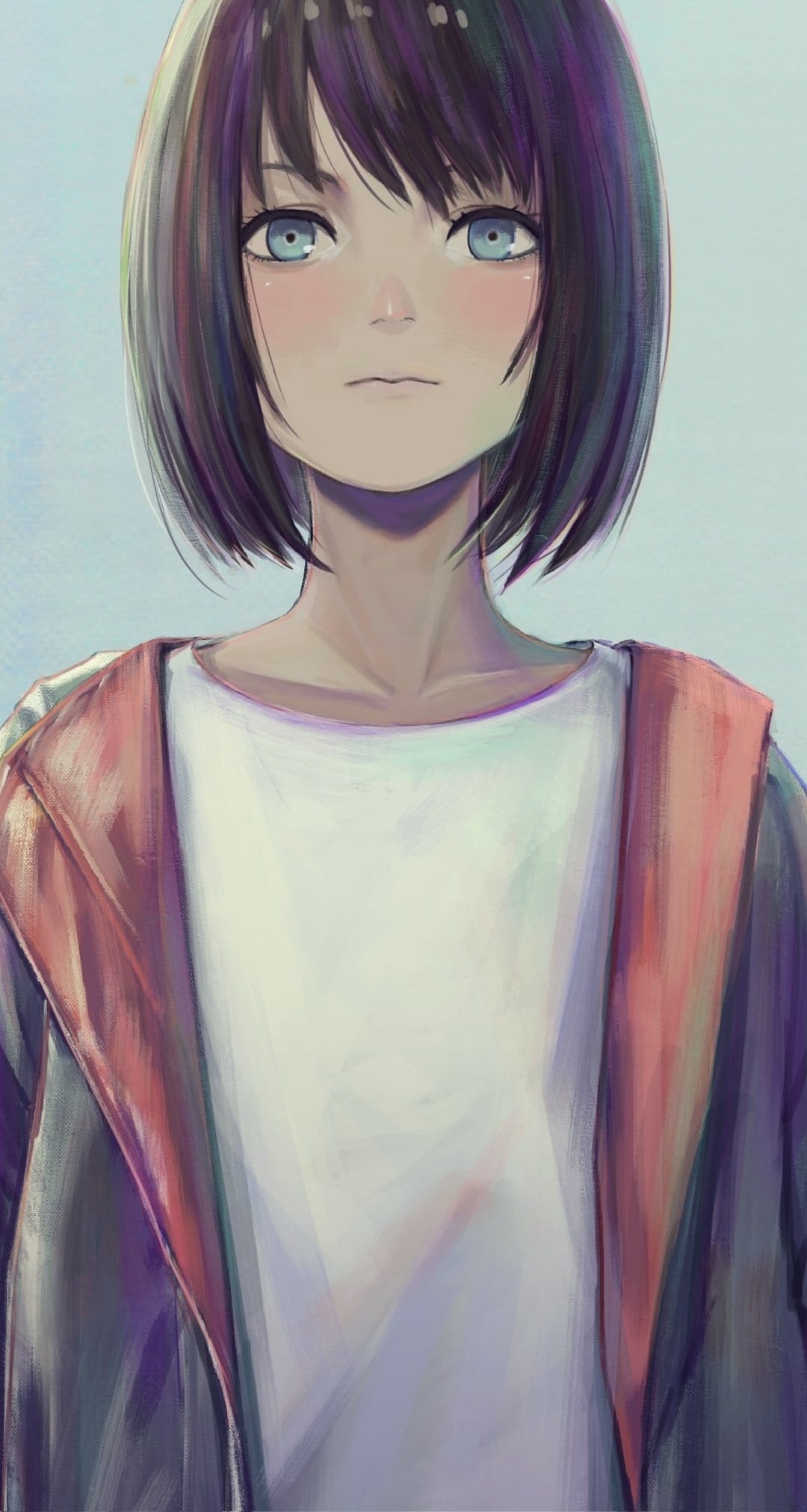 Anime girl with short dark hair and striking blue eyes wears a white t-shirt and a dark jacket with orange lining.