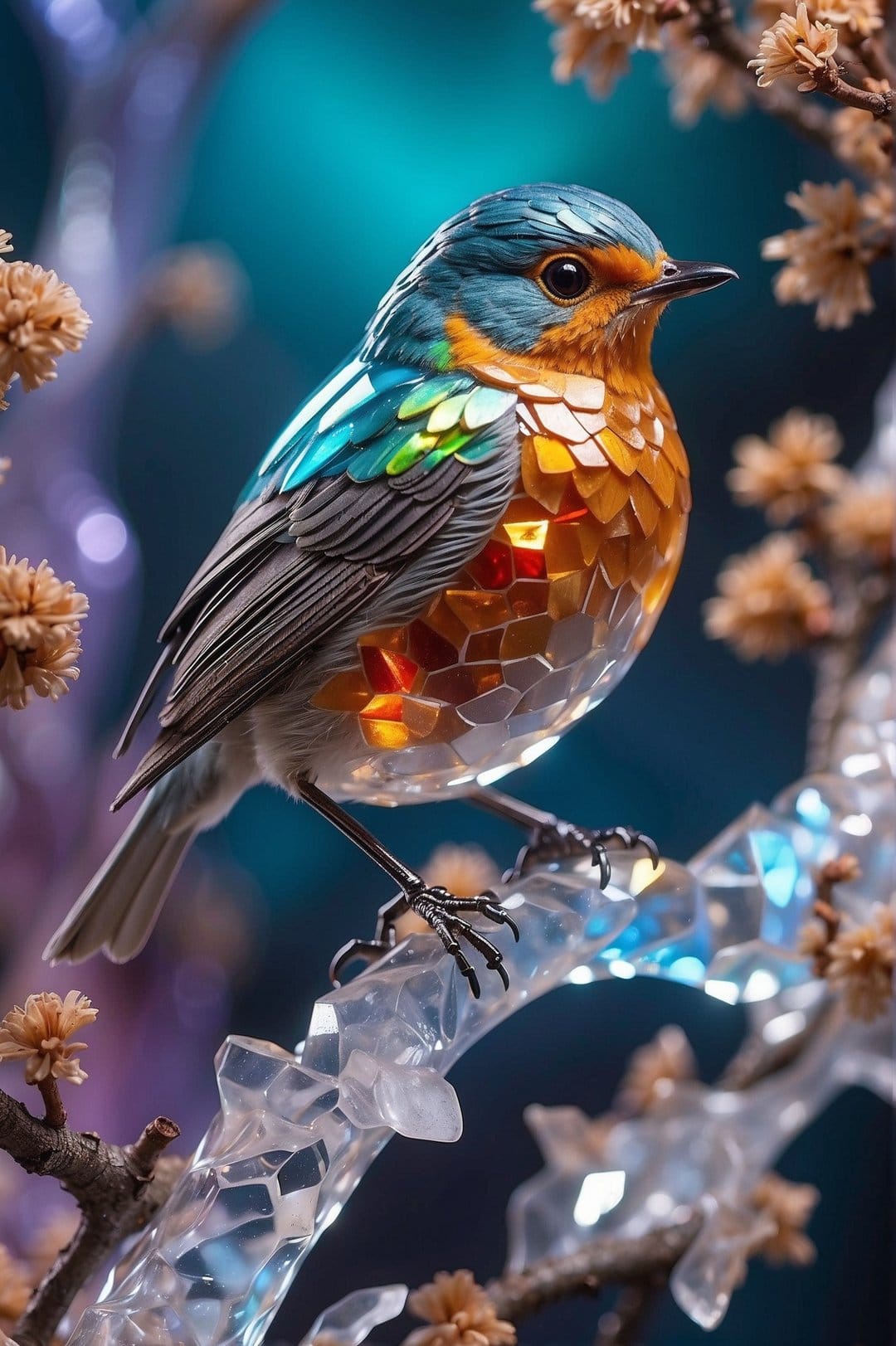 Iridescent bird with faceted gem feathers perched on a glowing crystal branch against a dark violet bokeh backdrop.