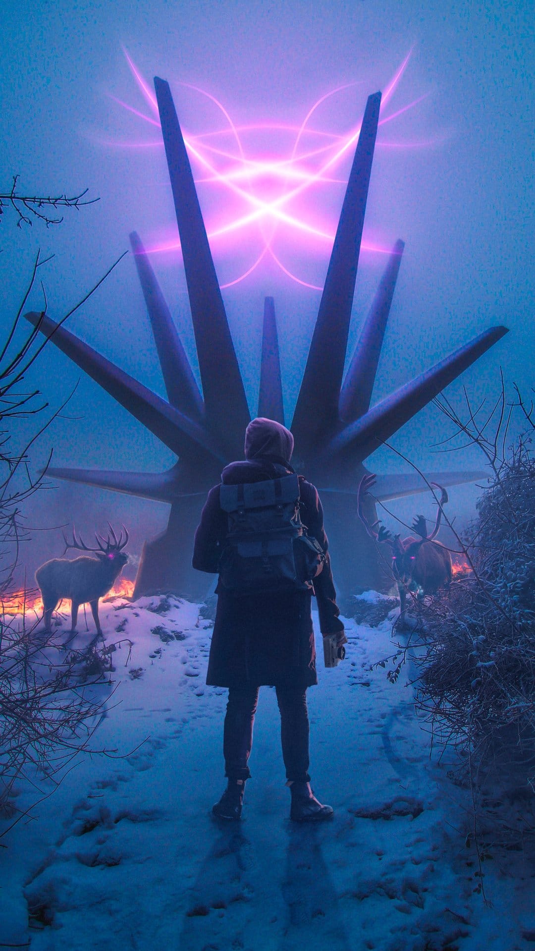 Lone explorer facing a massive jagged purple monolith in a snowy field with two deer near the structure base.