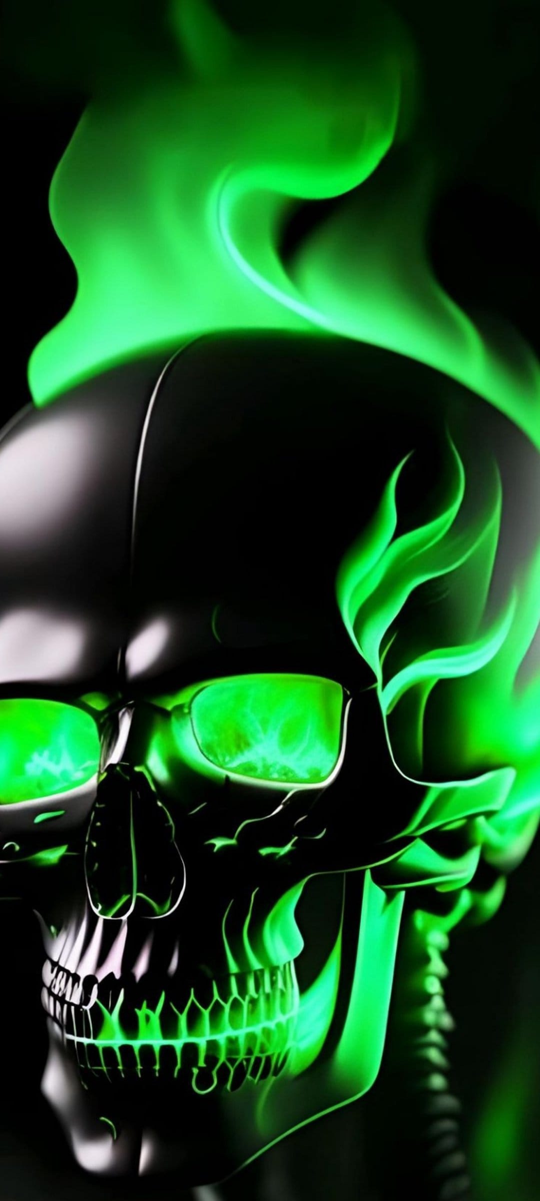Glossy black skull with vibrant green flames emerging from eye sockets and head against a dark background.
