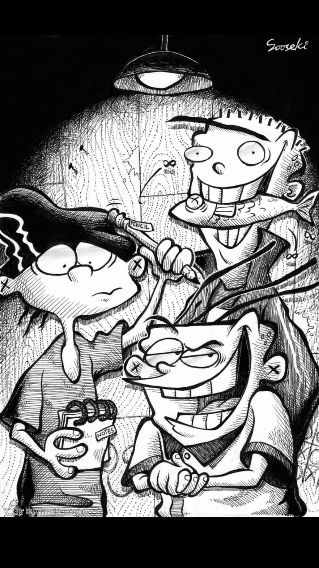 Ed, Edd, and Eddy stand under harsh overhead lighting with frantic expressions and detailed cross-hatch shading.