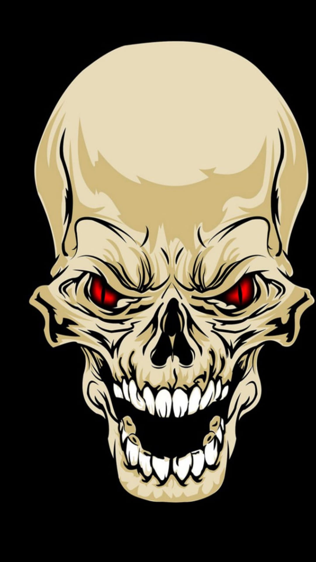 Human skull with glowing red eyes and an open mouth full of sharp teeth against a solid black background.
