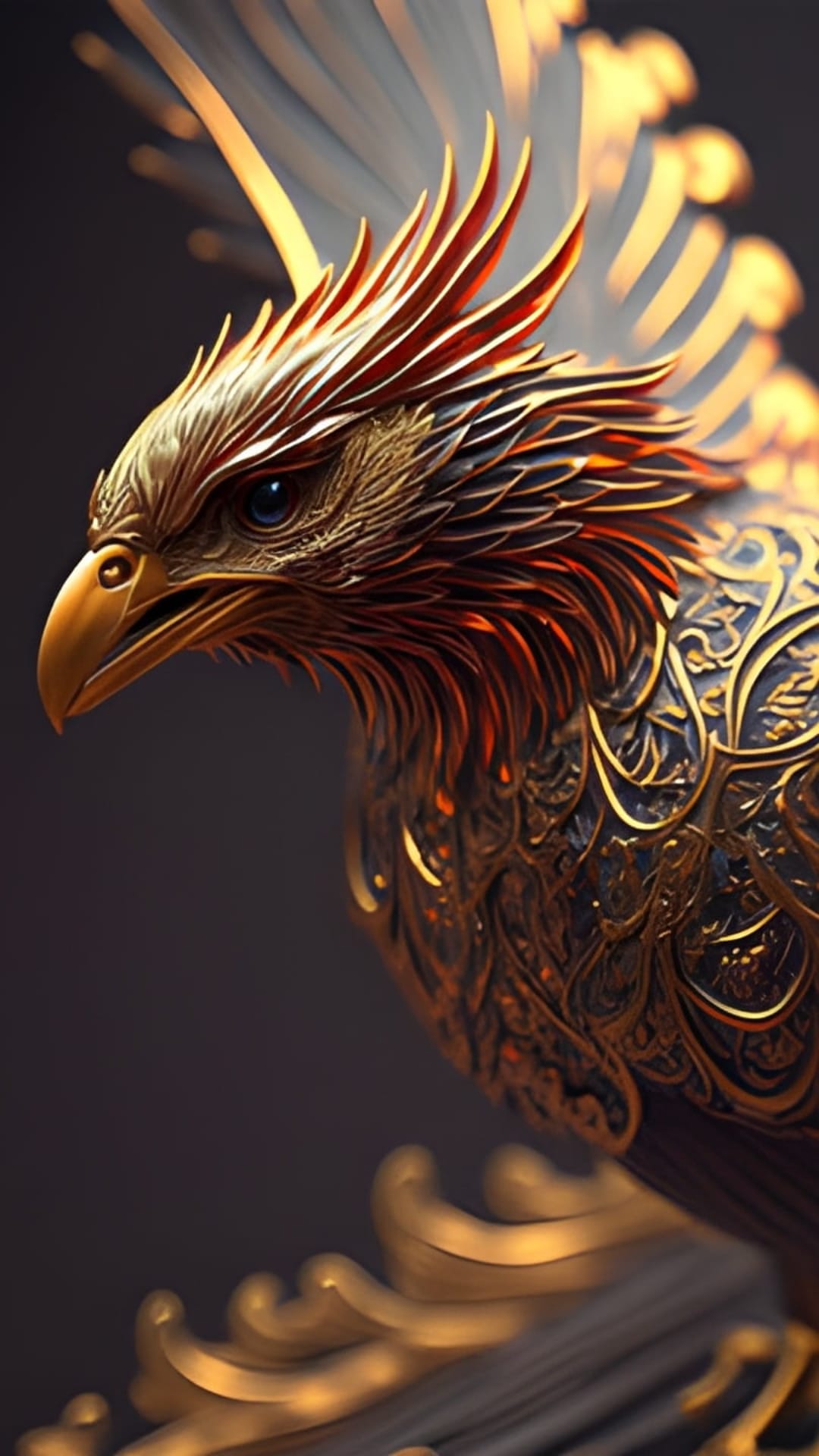 Golden eagle with crimson-tipped wings and ornate filigree patterns stares forward against a dark background.
