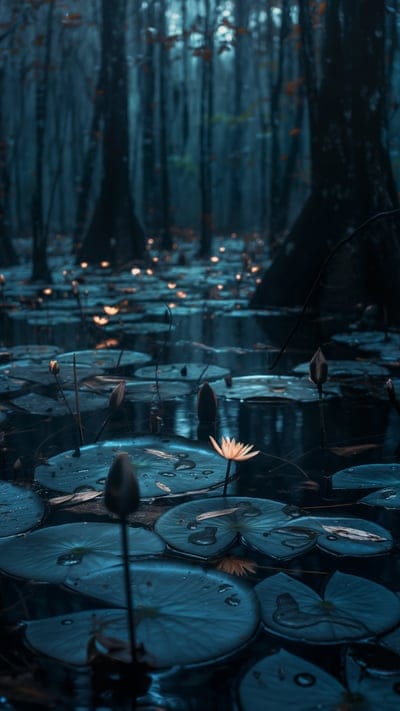 swamp,forest,water lilies,leaves,dark