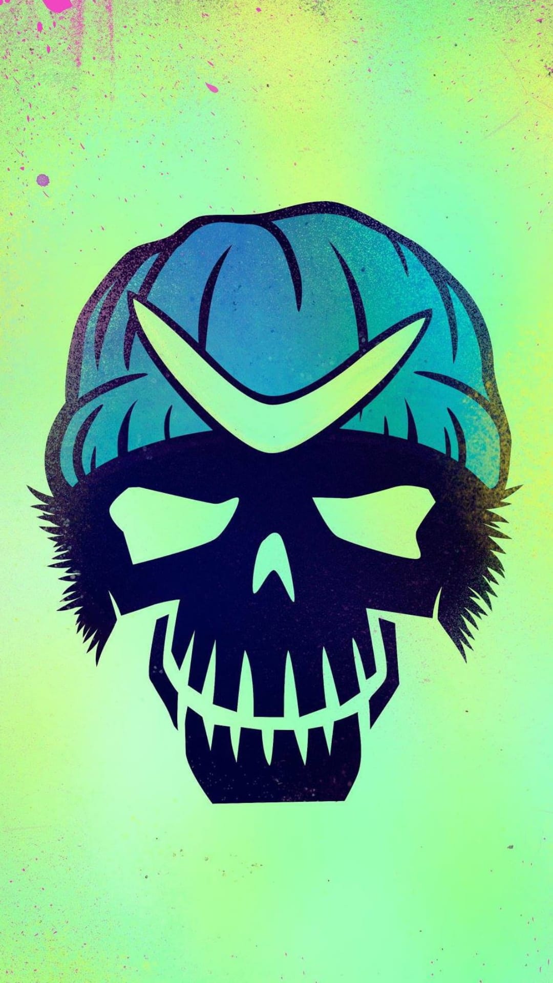 Black skull wearing a blue and green beanie with pink spray paint splatters on a bright neon green background.
