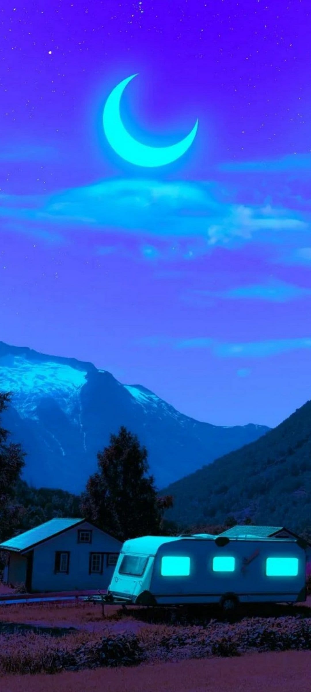 Camper van and cabin glowing with blue light in a snowy mountain valley under a purple crescent moon night sky.