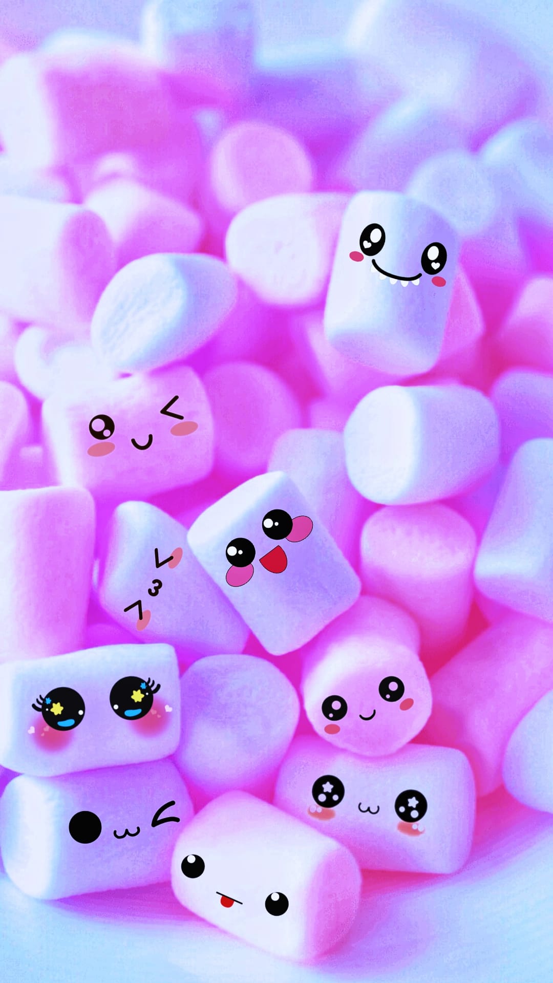 Smiling pink and white marshmallows with rosy cheeks and various kawaii expressions in a soft-lit pile.