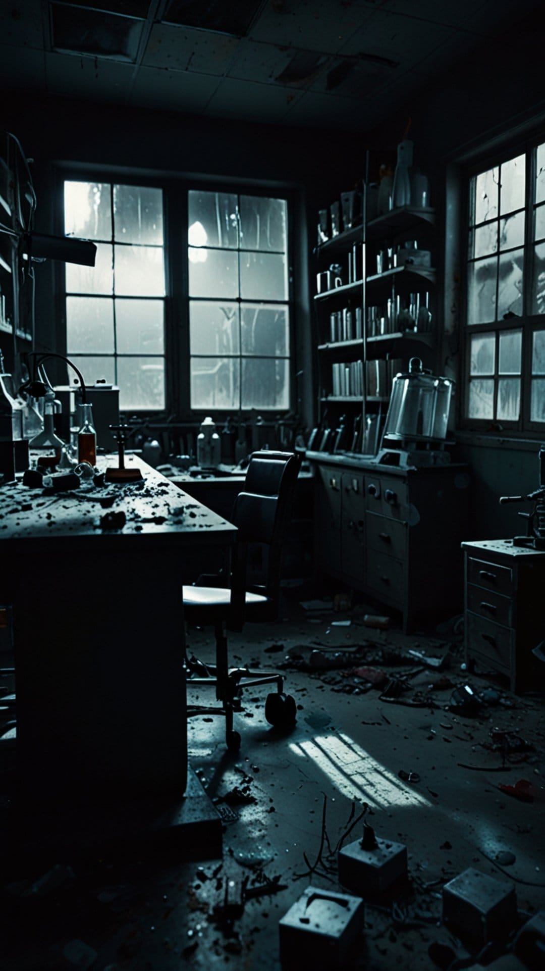 Overturned glass beakers and scattered papers litter the floor of a dark, abandoned laboratory with broken windows.