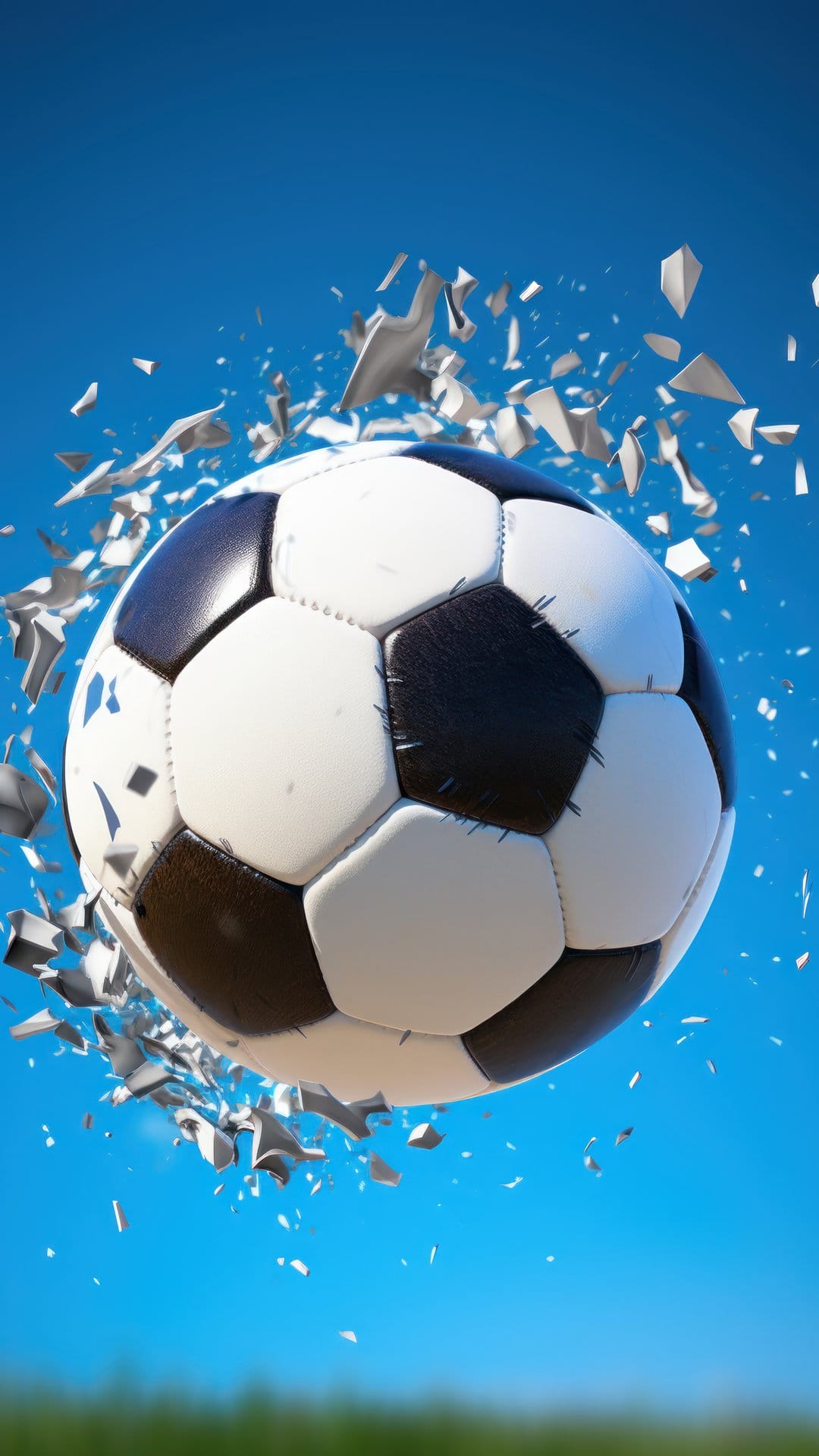 Soccer ball exploding into sharp black and white pieces suspended in a clear blue sky above a green field.