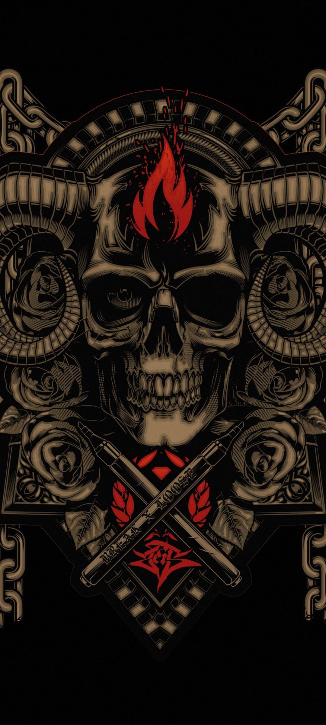 Weathered skull with ram horns, burning orange flames, red roses, and crossed swords on a dark background.