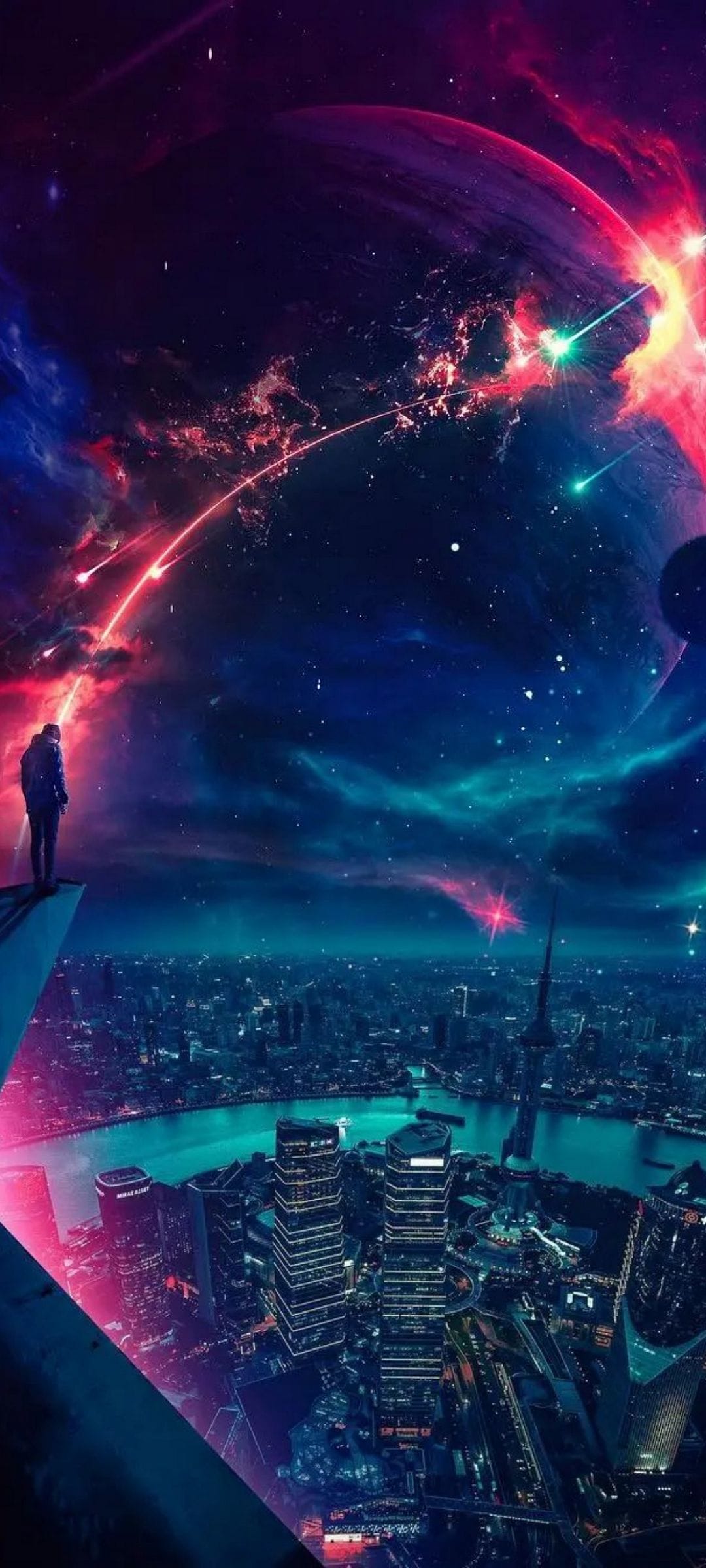 A person stands on a skyscraper ledge viewing a neon-lit futuristic city beneath a purple nebula and planets.