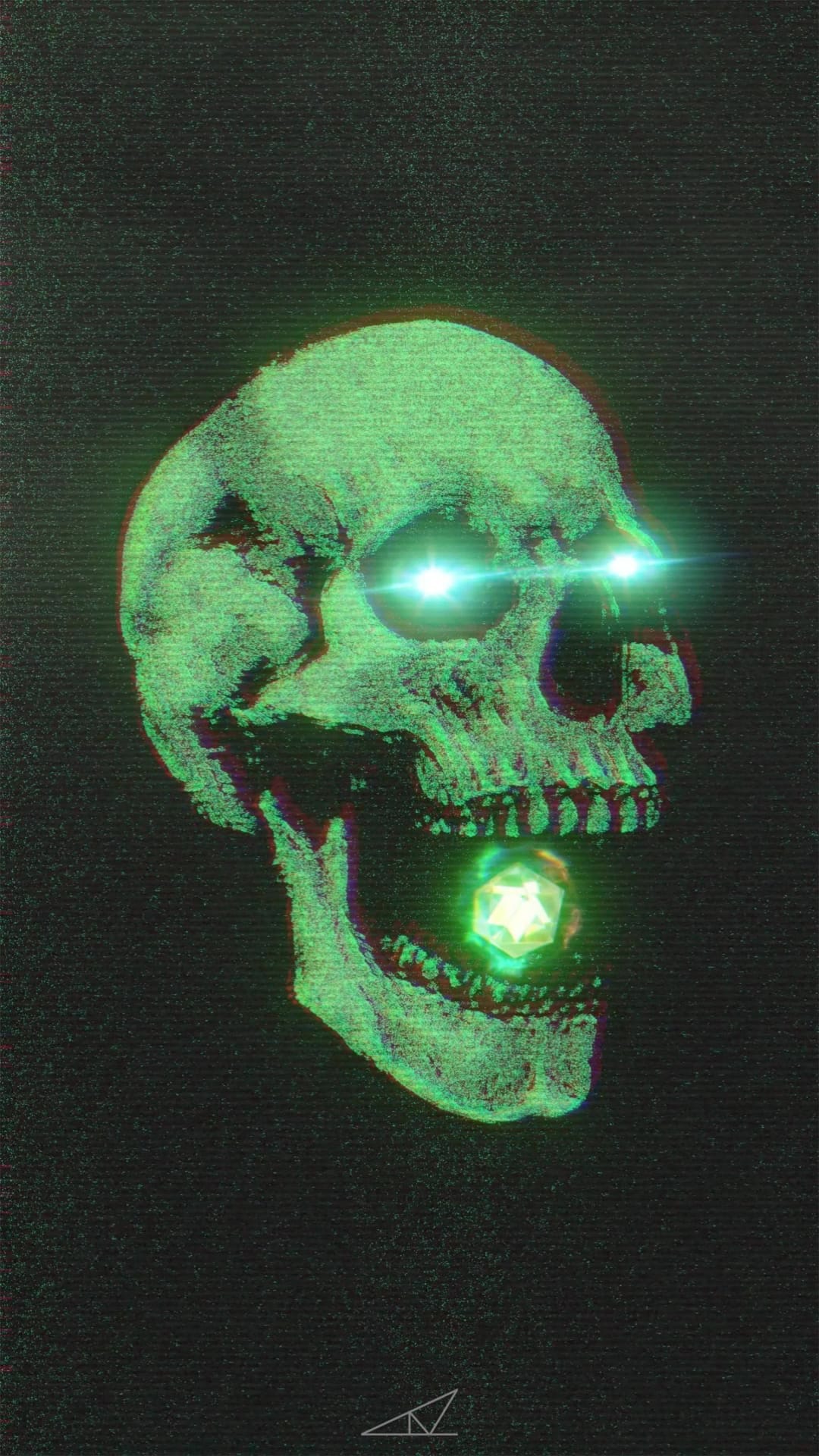 Green glowing skull holding a D20 die in its mouth with a glitchy texture and dark moody atmosphere.