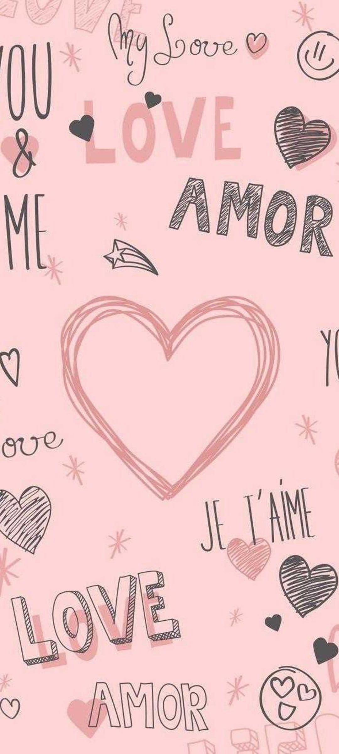 Hand-drawn pink hearts, stars, and romantic words like Love and Amor scattered across a soft pastel background.