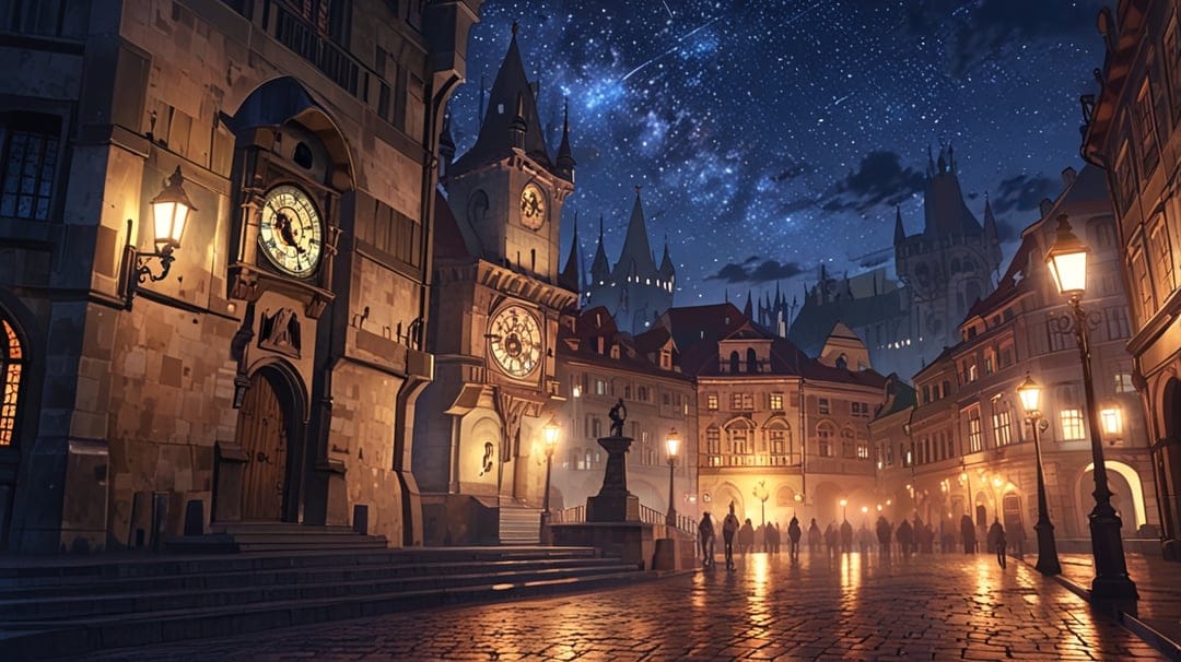 The Astronomical Clock tower and Gothic spires of Prague stand under a star-filled sky with glowing streetlights.
