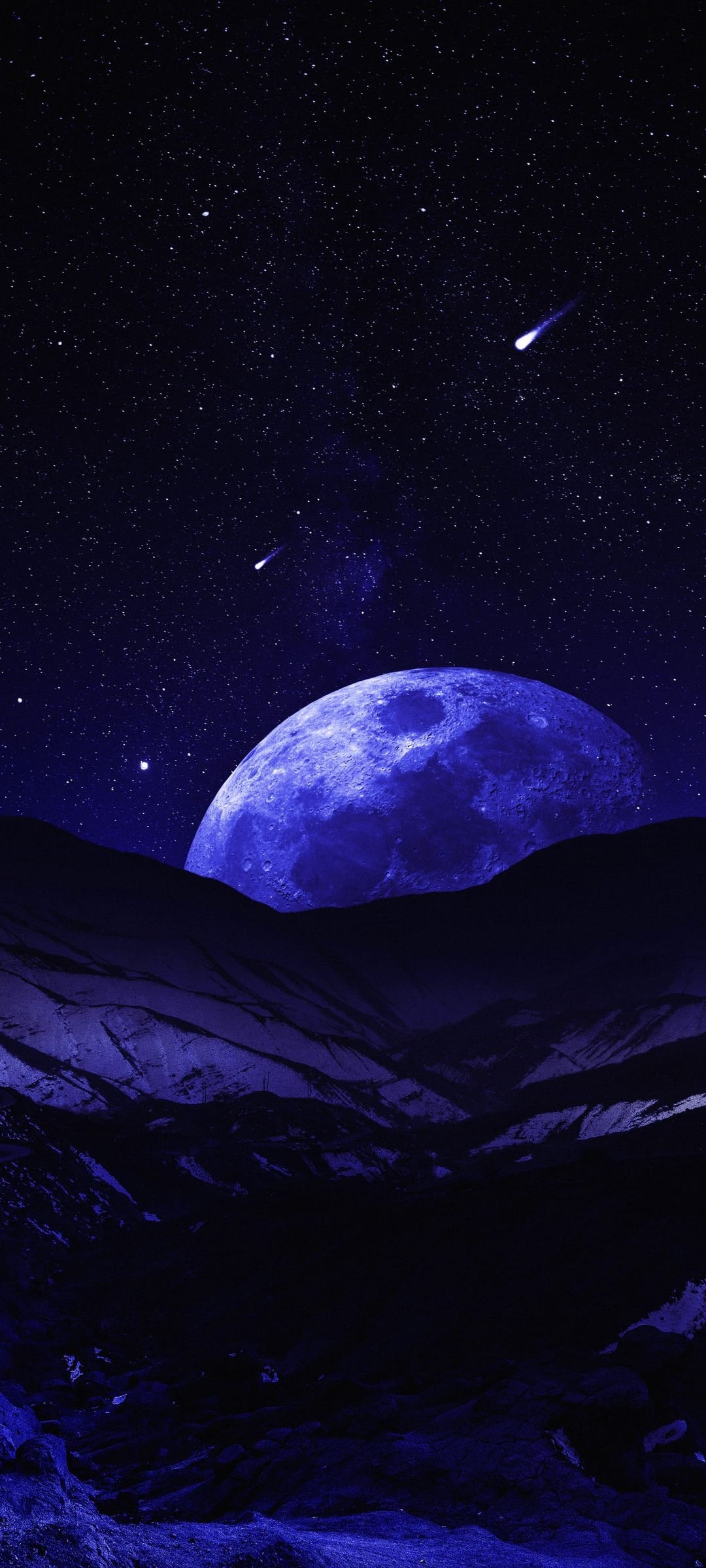 Luminous blue moon above jagged mountain silhouettes under a star-filled sky with two bright shooting stars.