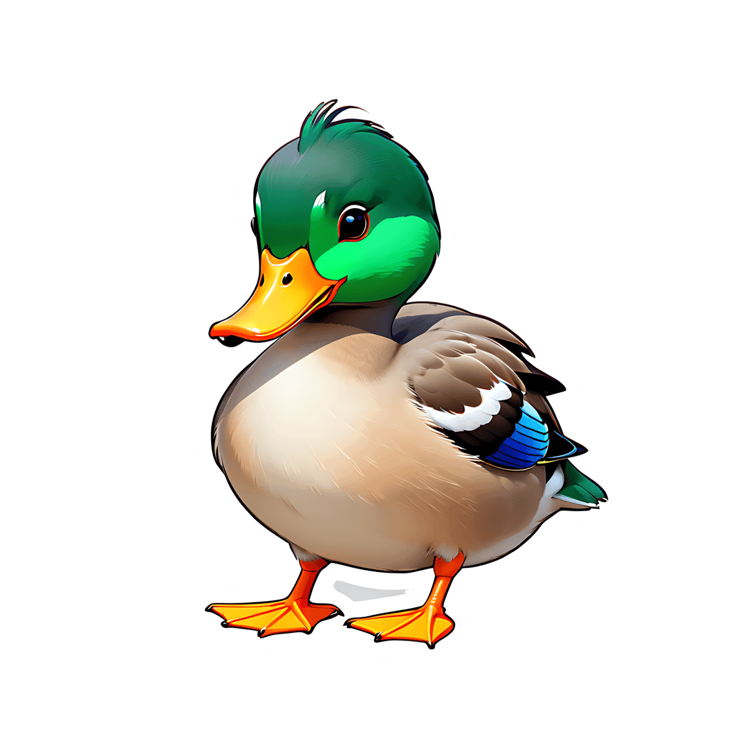 Mallard duck sticker featuring a glossy green head and orange beak with a white border against a black background.