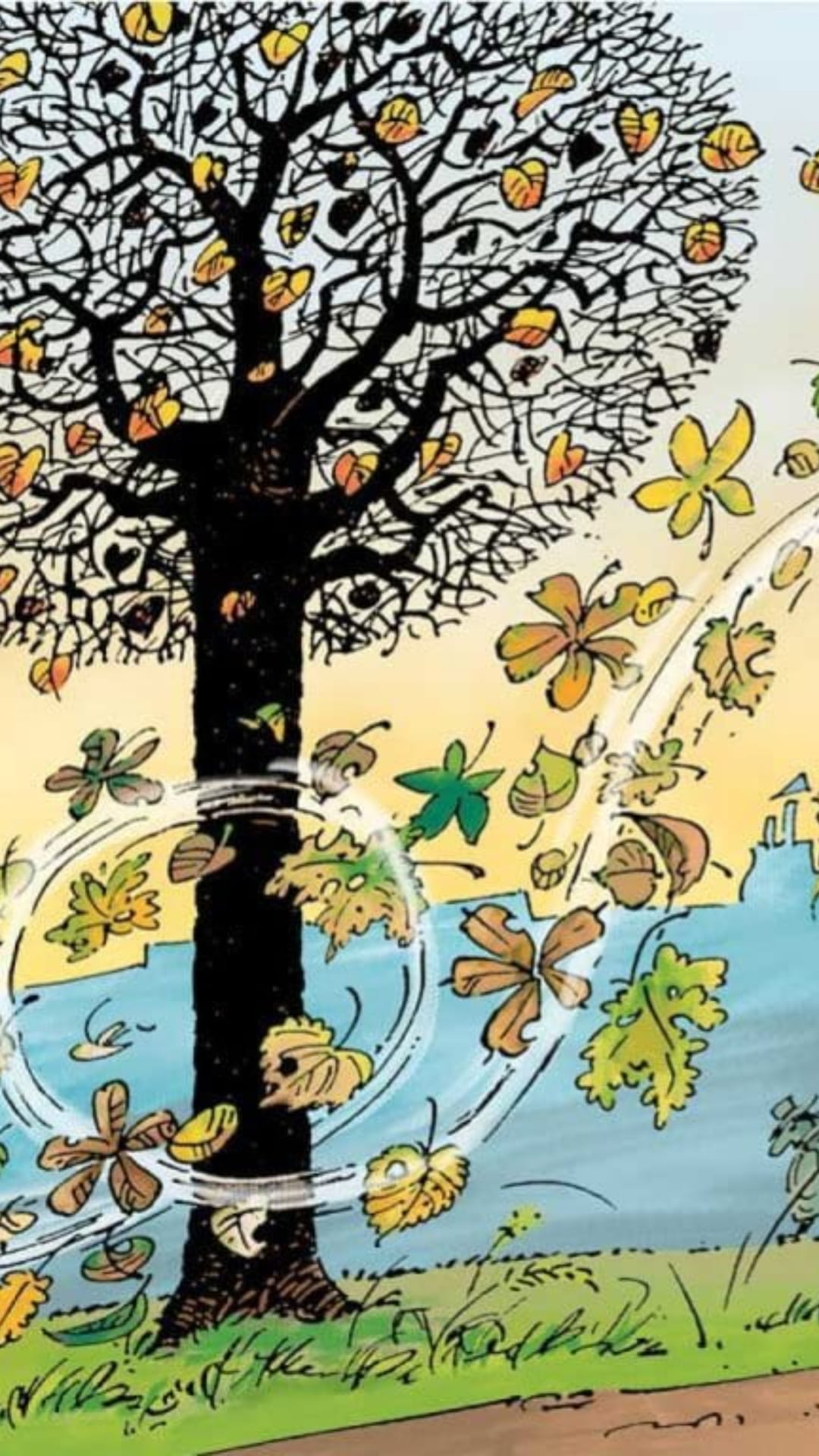 Slender tree with orange leaves swaying in a swirling wind against a gradient blue sky and distant village.