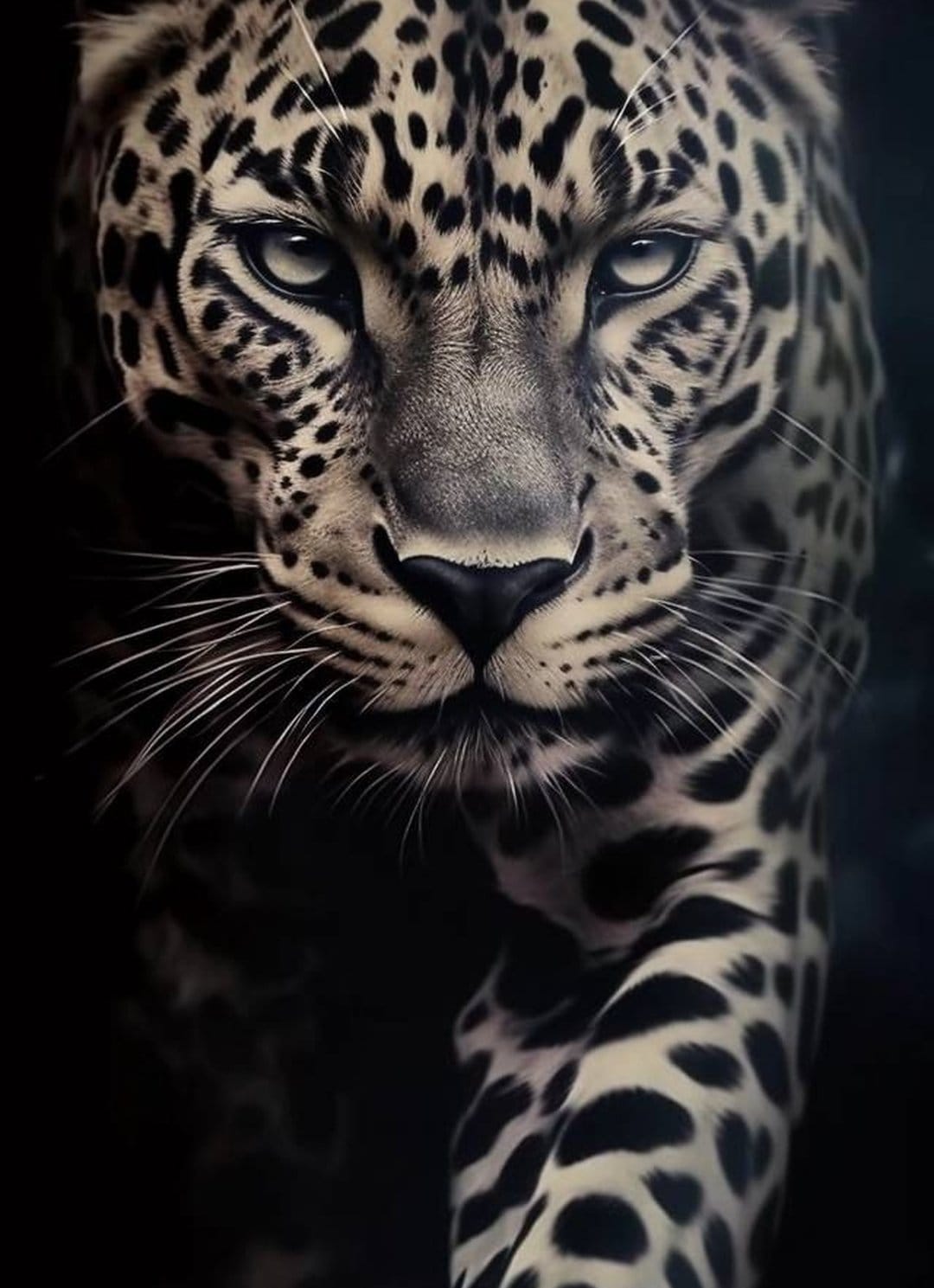 Leopard face with sharp whiskers and spotted fur stares forward in a dramatic black and white close-up portrait.