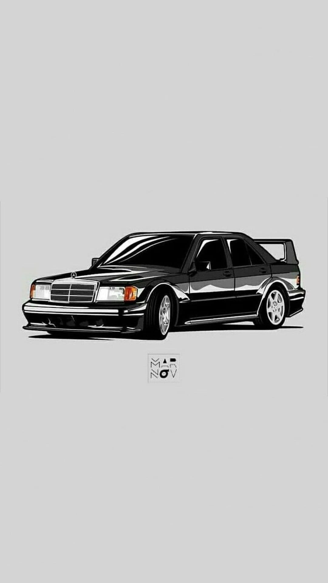 Black Mercedes-Benz 190E 2.3-16 Evolution II side profile with a large rear spoiler on a gray background.