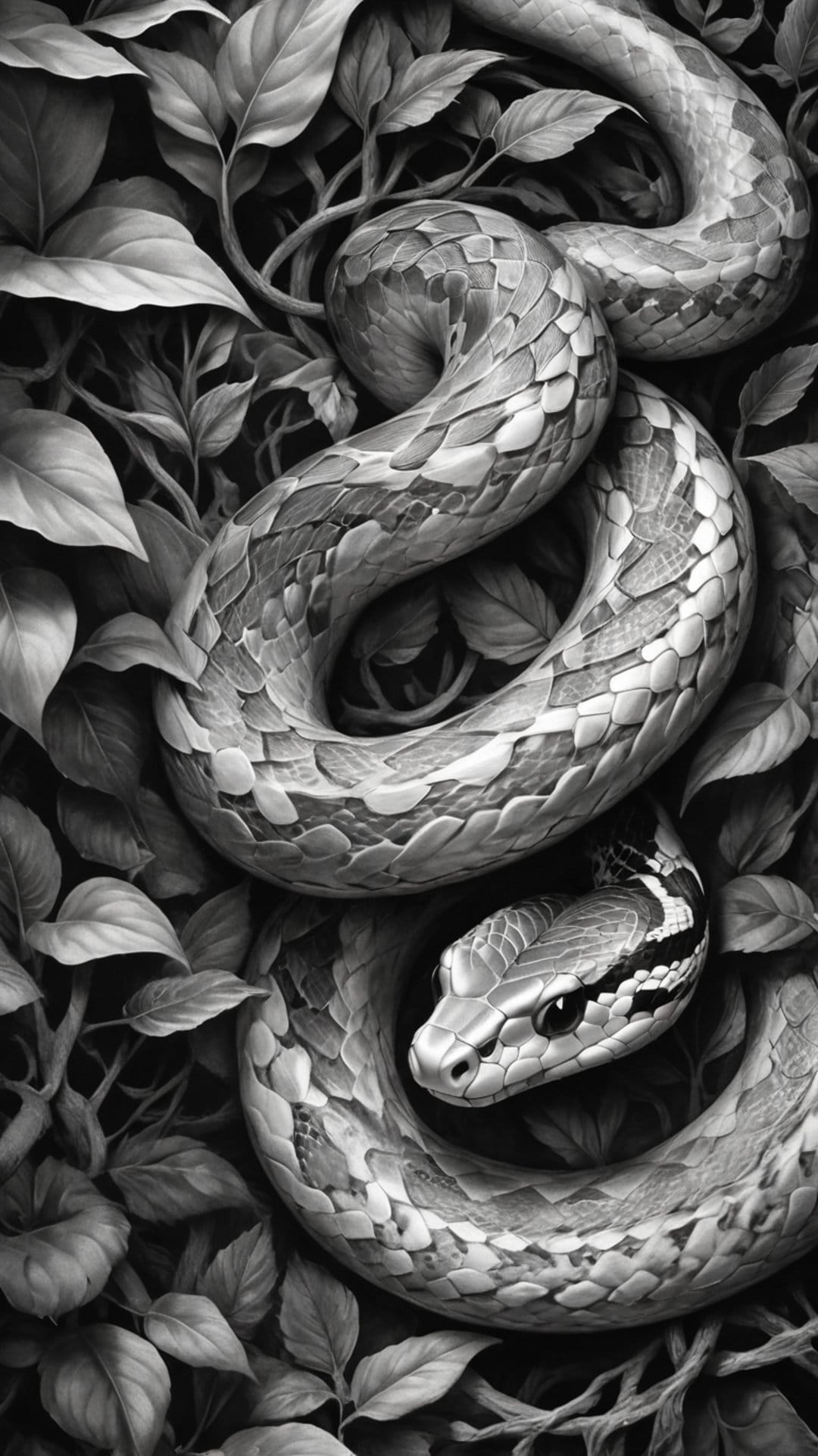Coiled snake with textured scales resting among dark, pointed leaves in a high-contrast monochrome photograph.