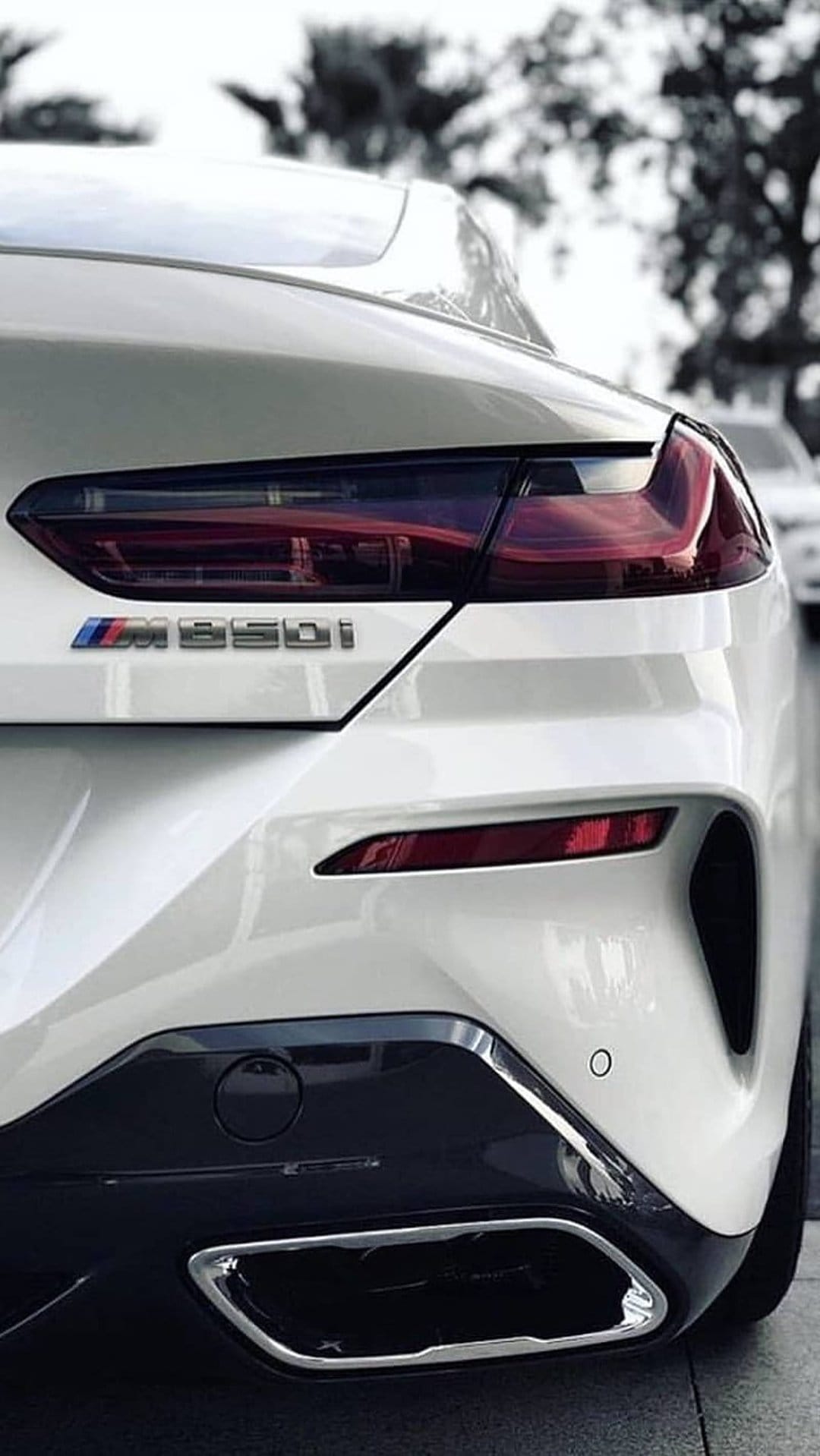 BMW M850i xDrive rear badge and LED taillights on a white luxury coupe with a soft bokeh background.