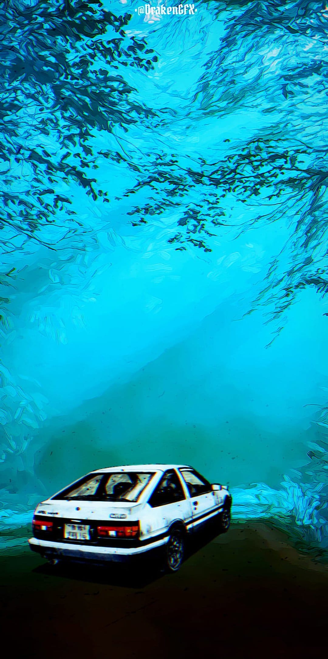 White Toyota AE86 parked on a dark road amidst swirling blue mist and shadowed trees in a moody night scene.