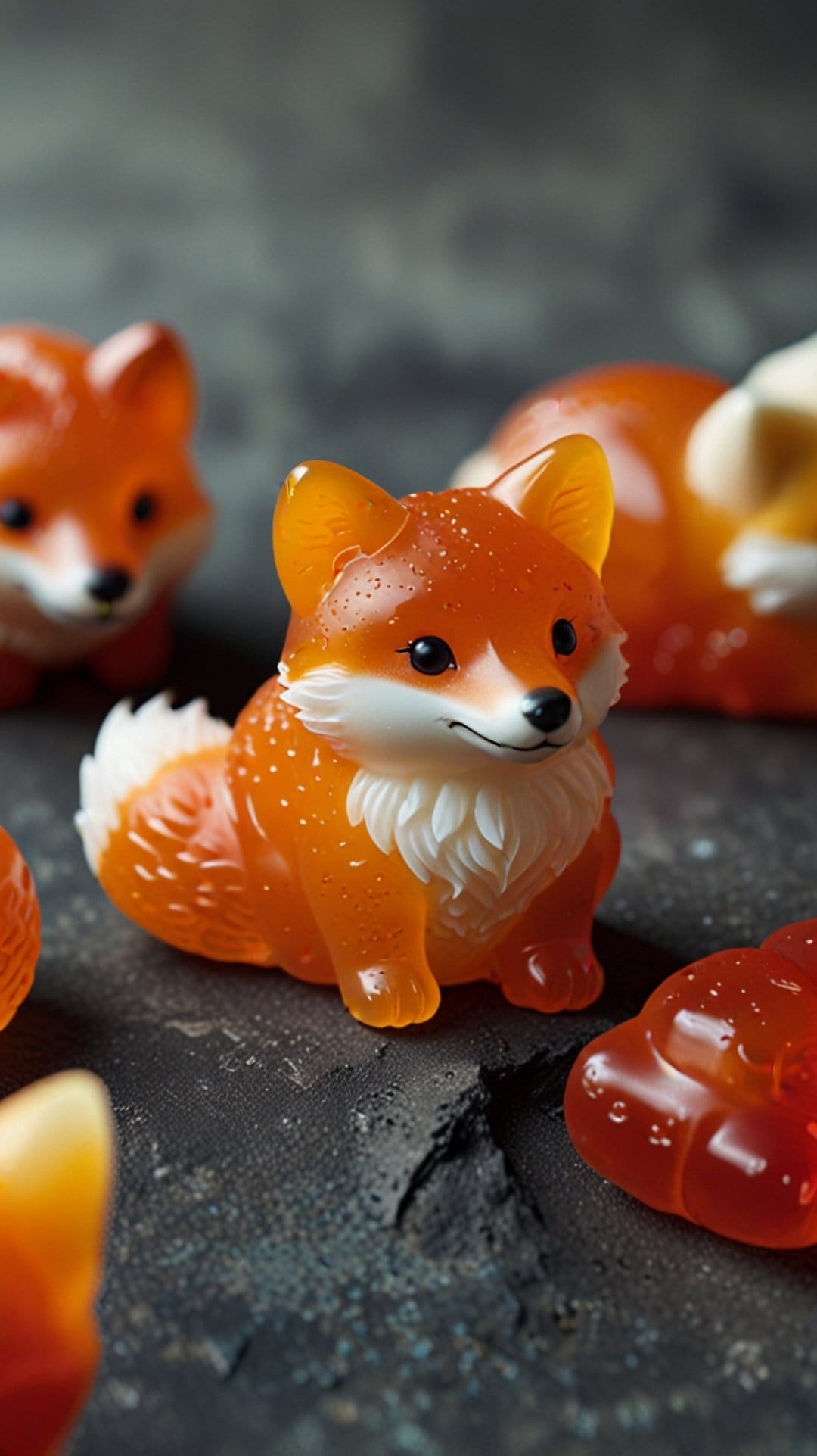 Orange fox-shaped gummy candies with white accents and moisture droplets resting on a dark textured surface.