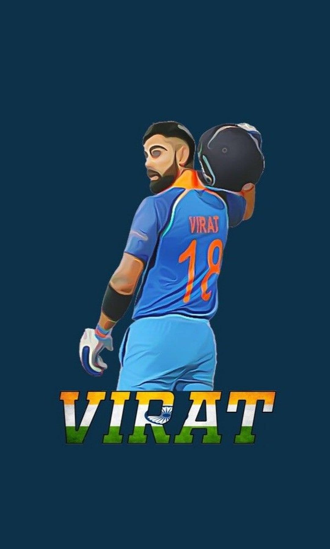 Virat Kohli raises his helmet while wearing a blue Indian cricket jersey with number eighteen on the back.