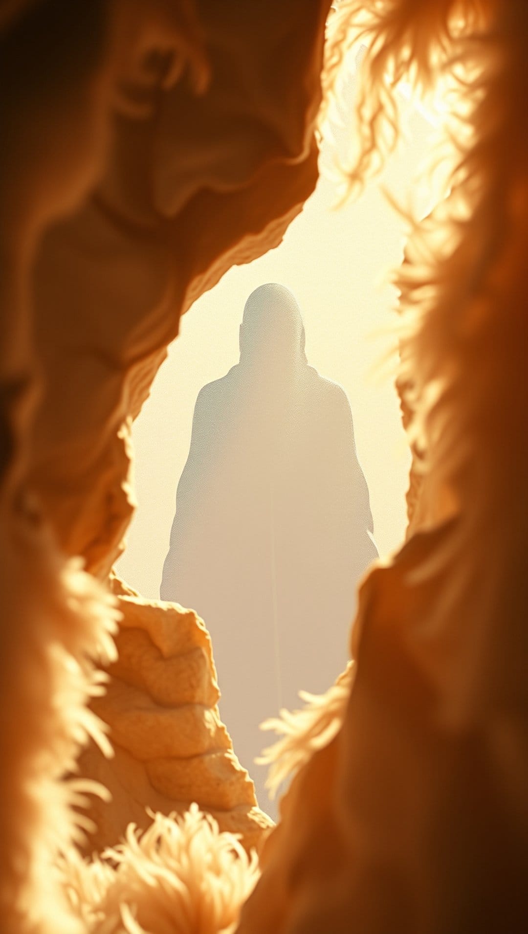 Silhouetted person walking through a narrow stone canyon during a golden sunset with hazy light and tall grasses.