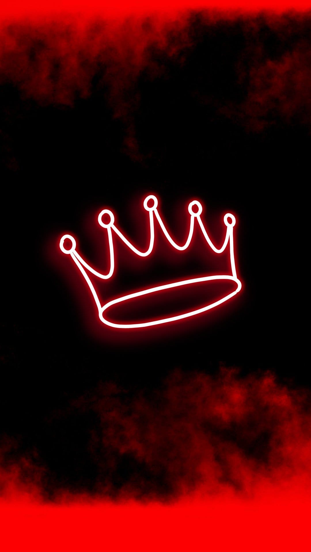 Red neon crown outline glows intensely against a pitch-black backdrop filled with wisps of crimson smoke.