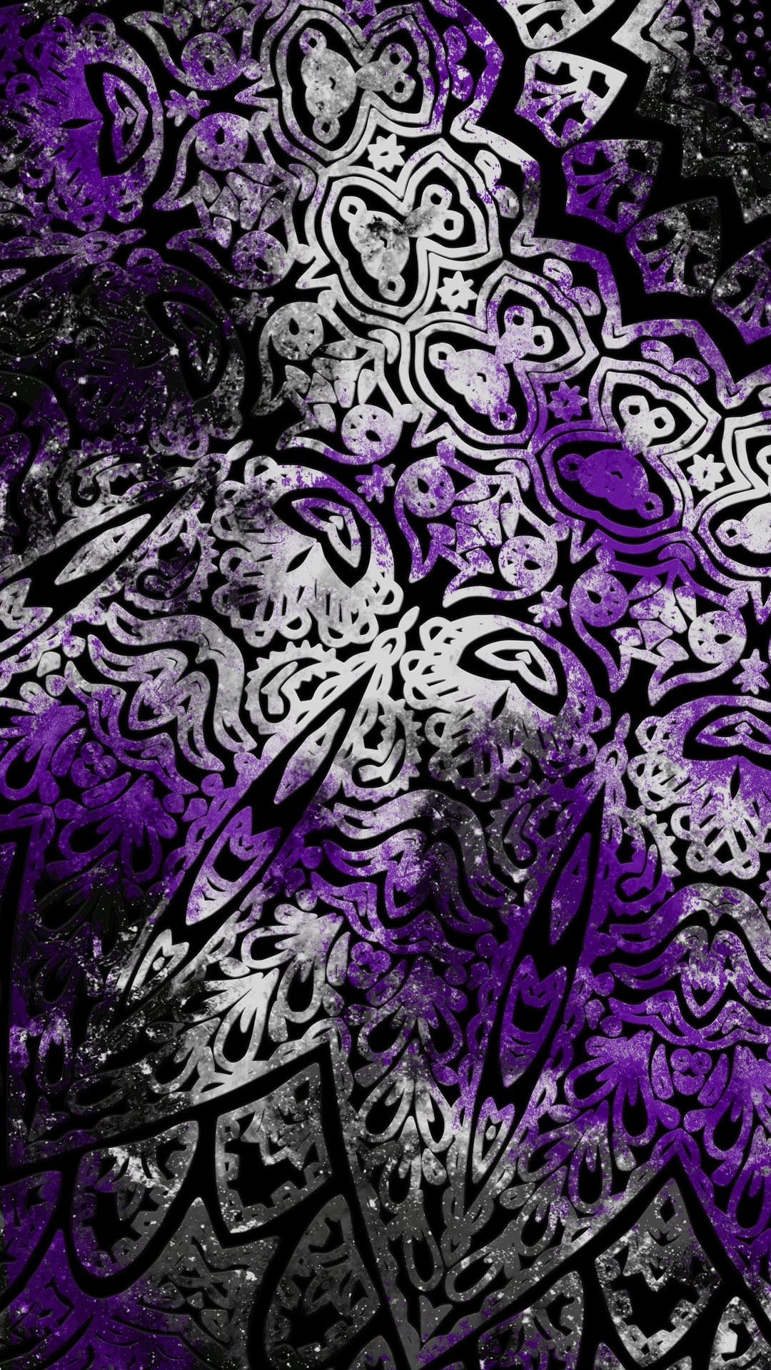 Purple and silver fractal spirals featuring metallic textures and complex geometric curves on a black backdrop.