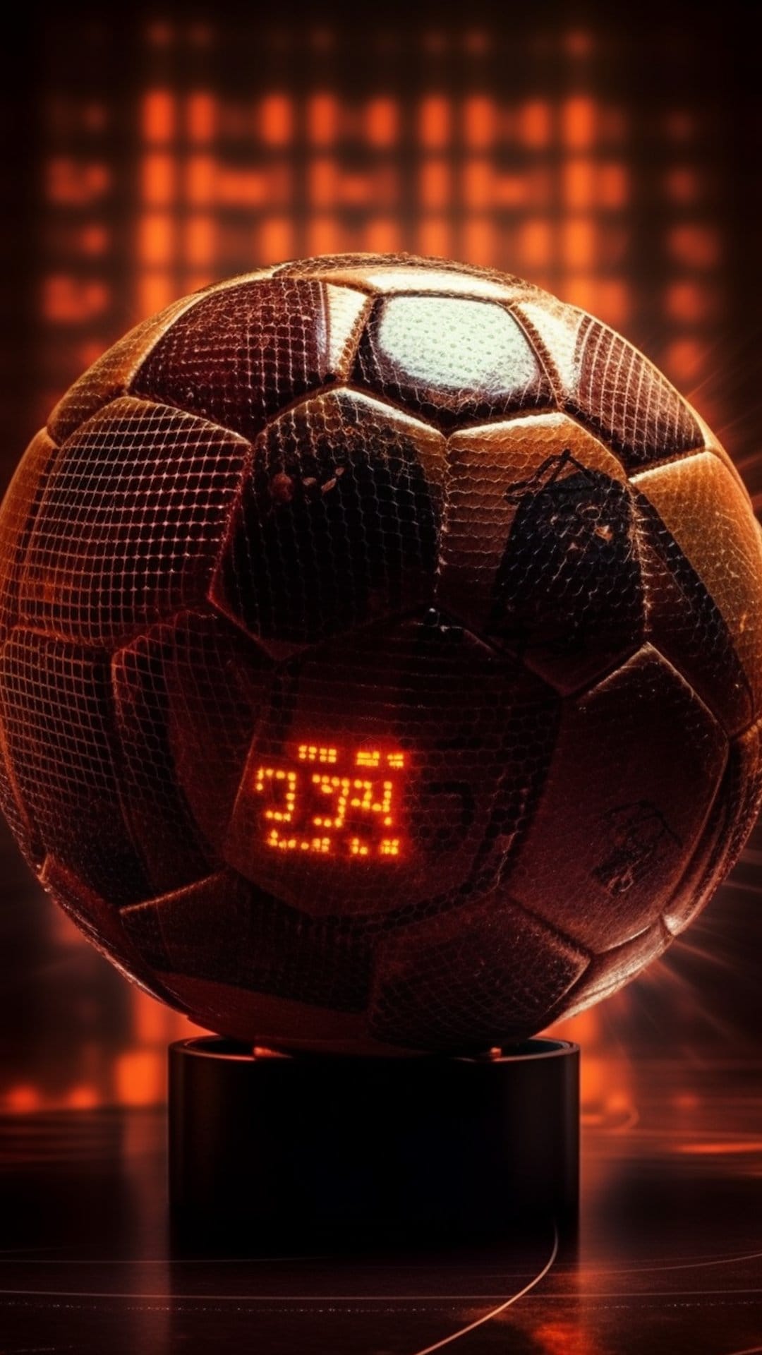 Soccer ball with metallic textures and a glowing orange digital timer rests on a dark minimalist pedestal.