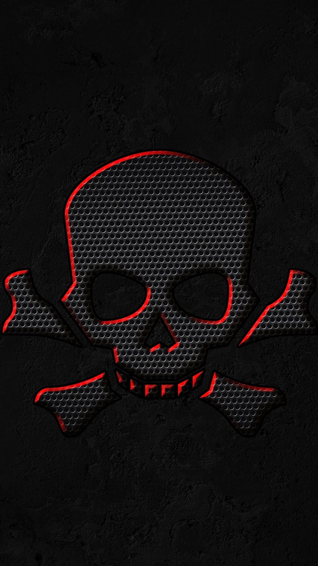 Crimson skull and crossbones with glowing red outlines positioned on a dark industrial black grid surface.