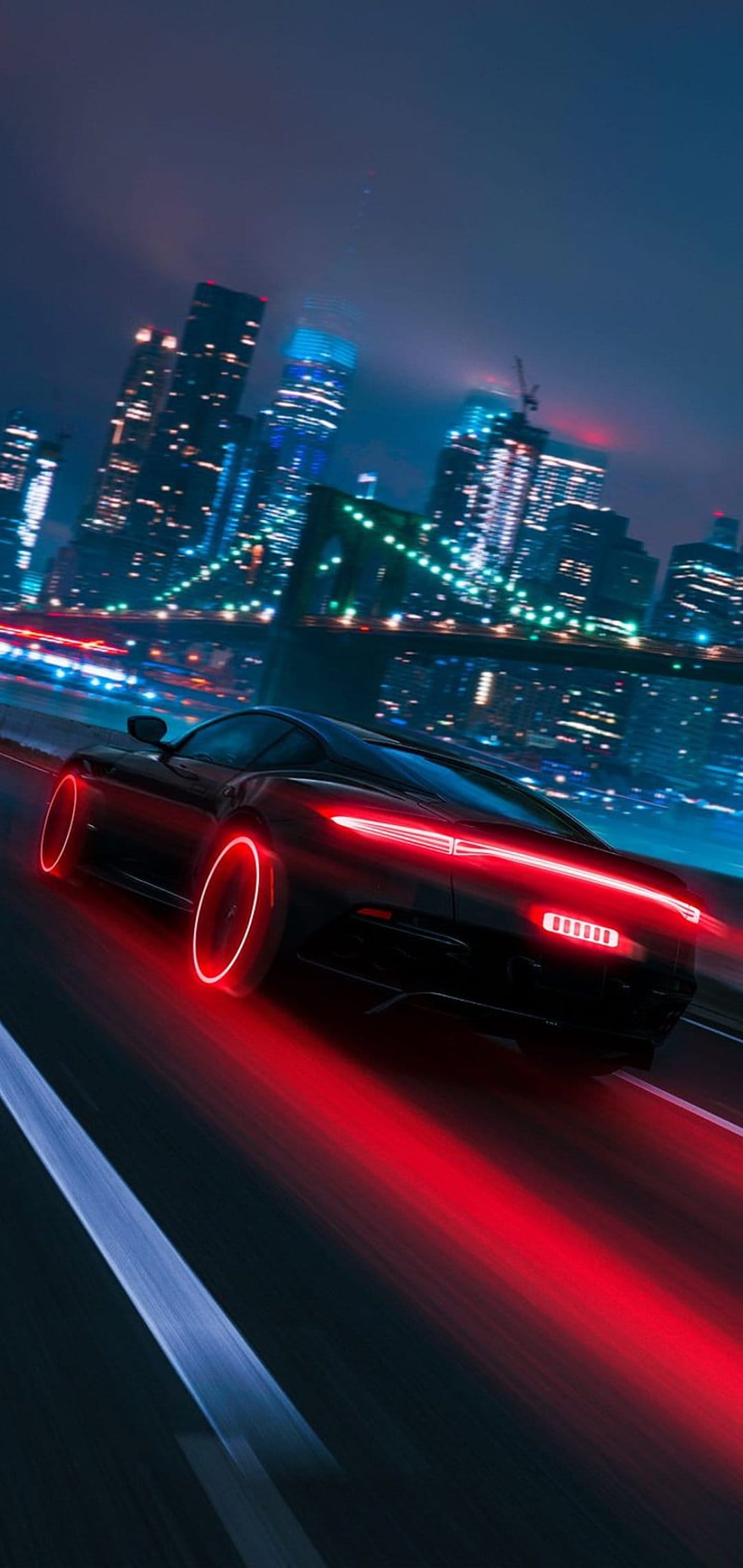 Black sports car with glowing red wheels racing past neon-lit skyscrapers on a futuristic night highway.