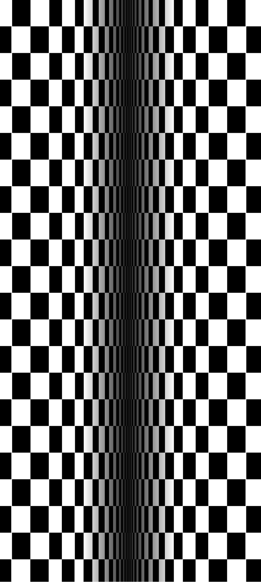 Checkerboard squares transition into thin vertical stripes, creating a warped depth effect in monochrome tones.