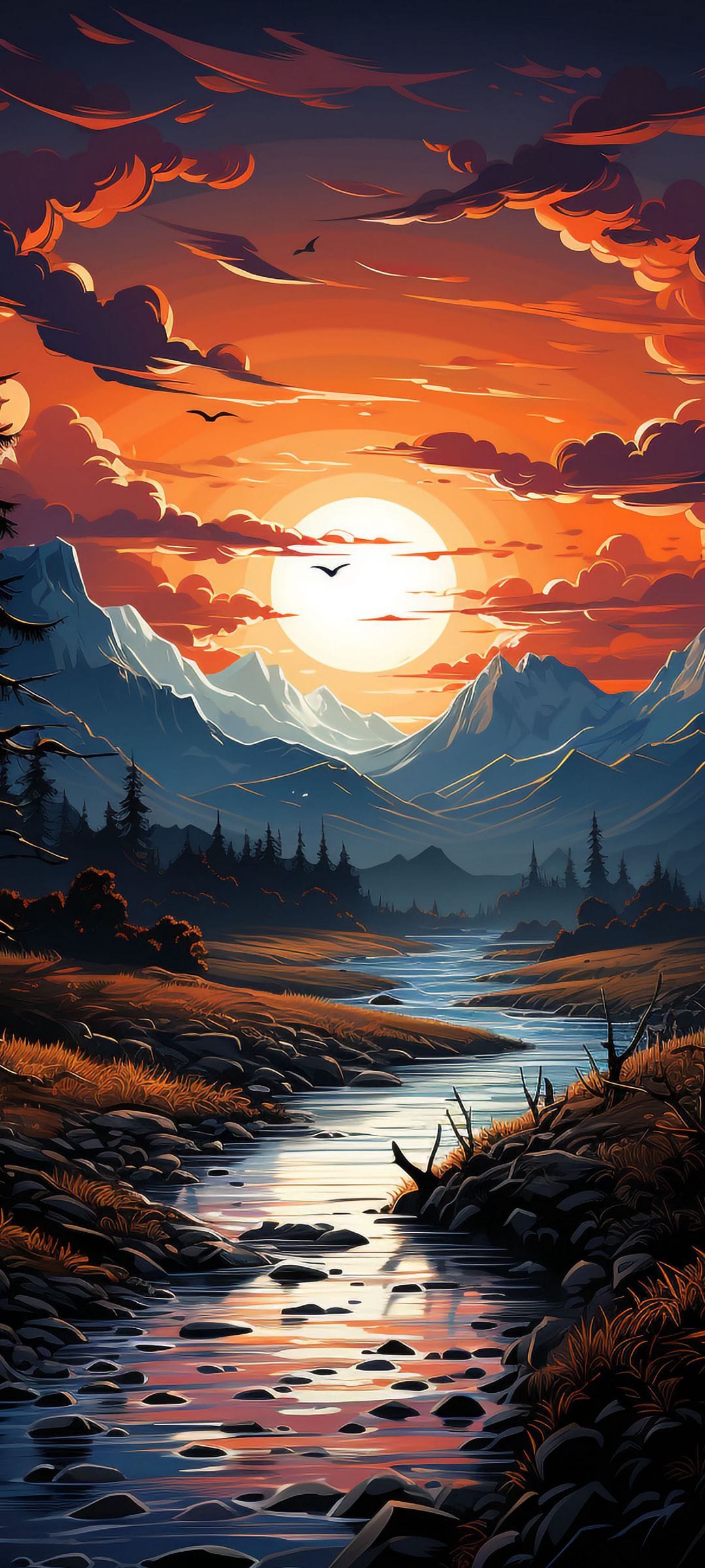 Jagged peaks and dark pine forests frame a reflective river under an intense orange and purple sunset sky.