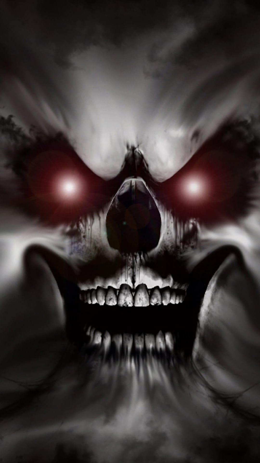 Skeletal skull with glowing red eyes and sharp fangs surrounded by dark swirling smoke and thick shadows.