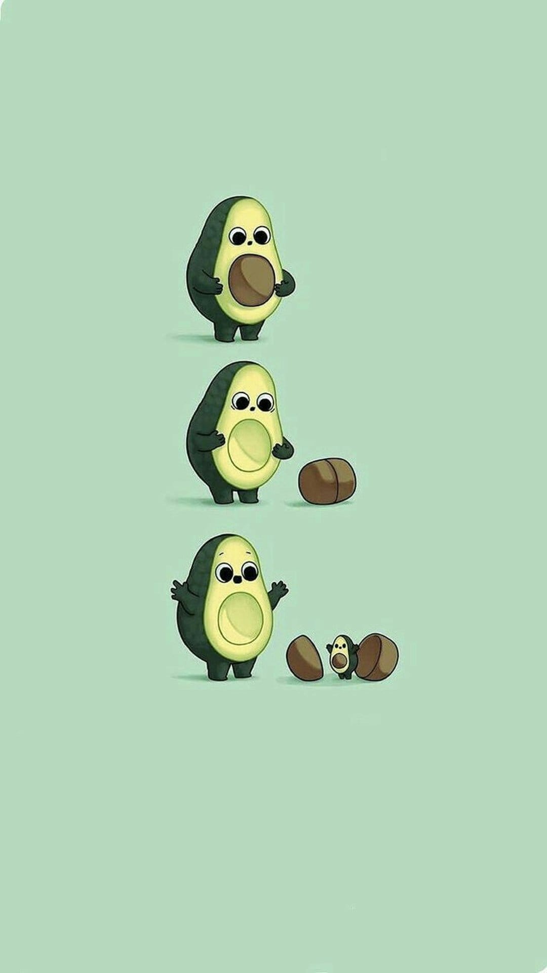 Avocado characters in three panels show a pit sprouting into a baby plant against a light green background.