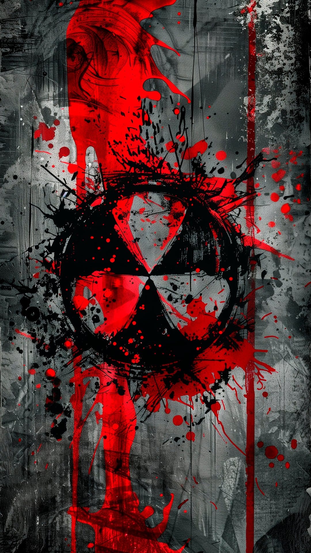 Radioactive symbol centered amid chaotic red and black paint splatters on a textured dark gray background.