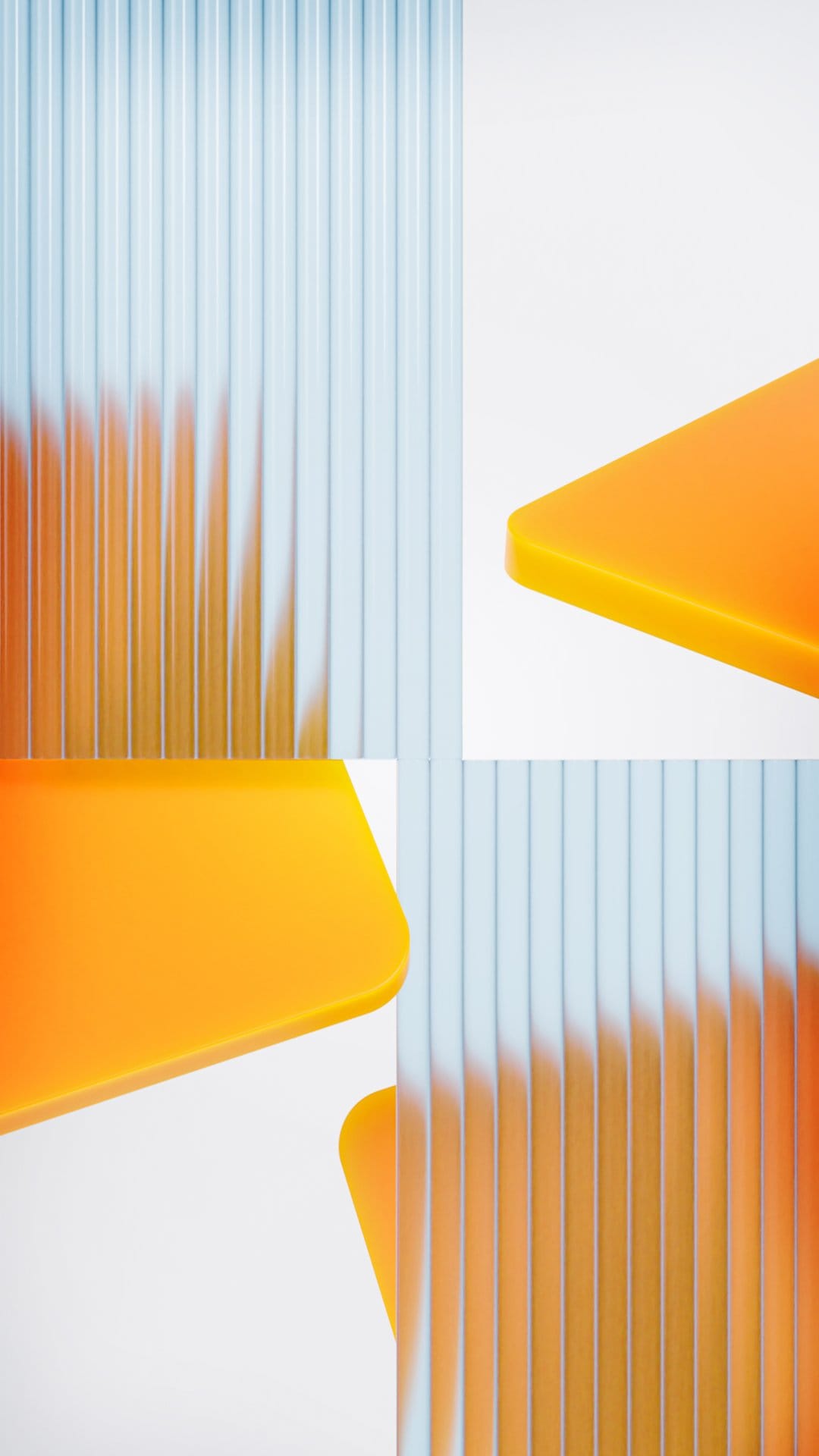 Orange rectangular blocks intersect with light blue ribbed textures creating soft shadows and gradients.