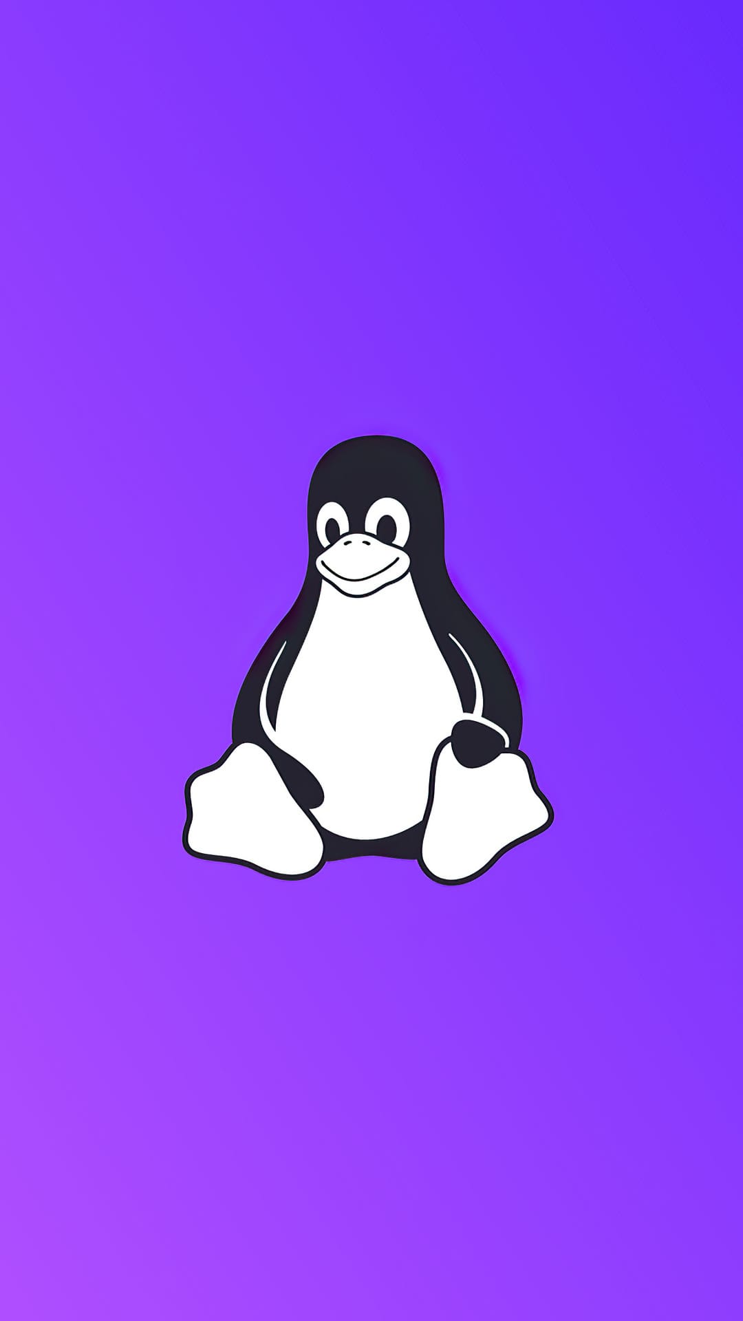 Tux the penguin mascot sits in the center of a vibrant purple gradient fading from light lavender to dark violet.