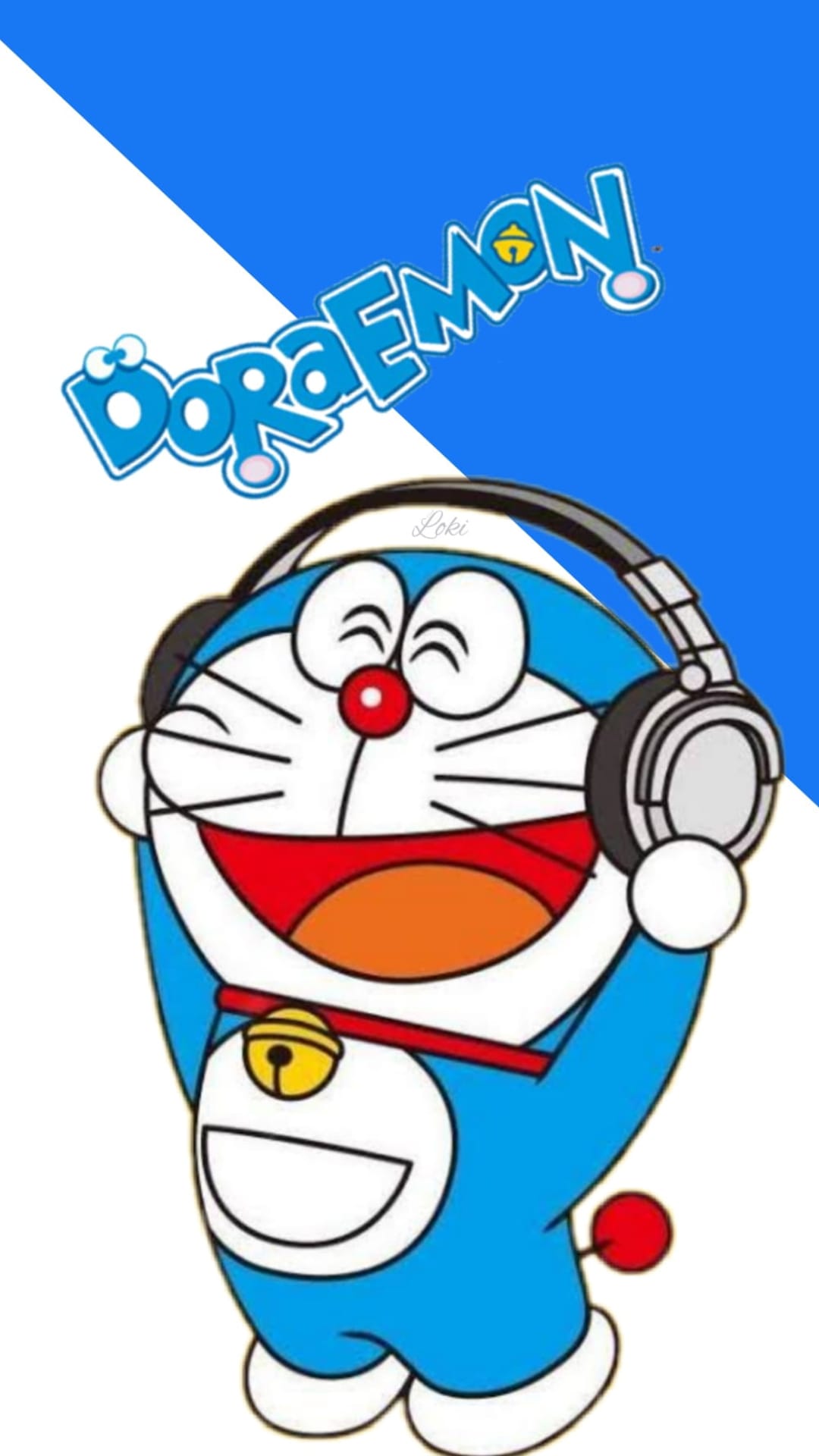 Doraemon wears headphones and a wide grin against a blue and white backdrop for smartphone screen displays.