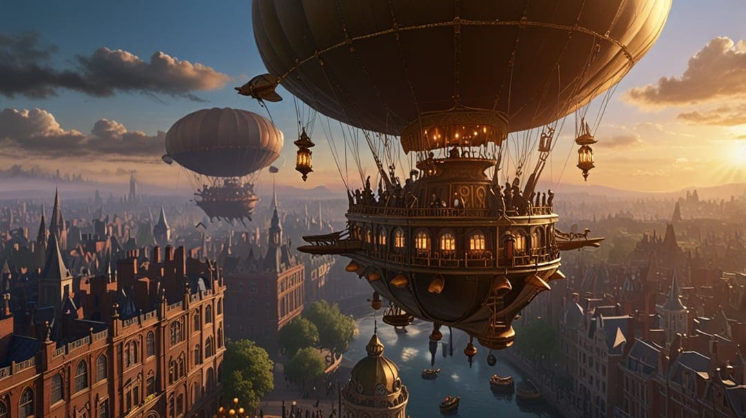 Brass dirigibles fly over a Victorian city with brick buildings and clock towers during a golden orange sunset.